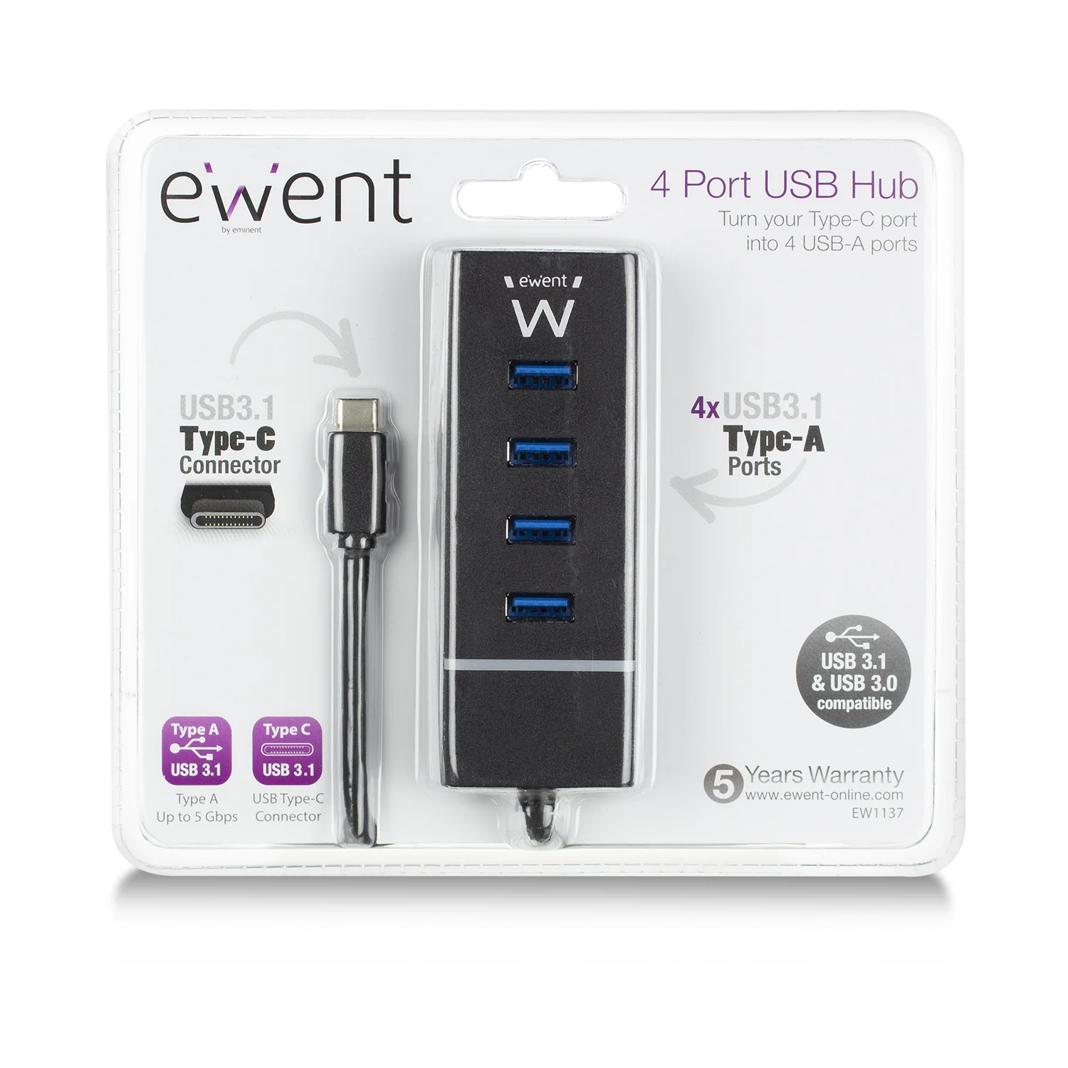 Hub USB Ewent EW1137 Type-C 4 Portas USB 3.0 5 Gbps Preto - Imagem 5