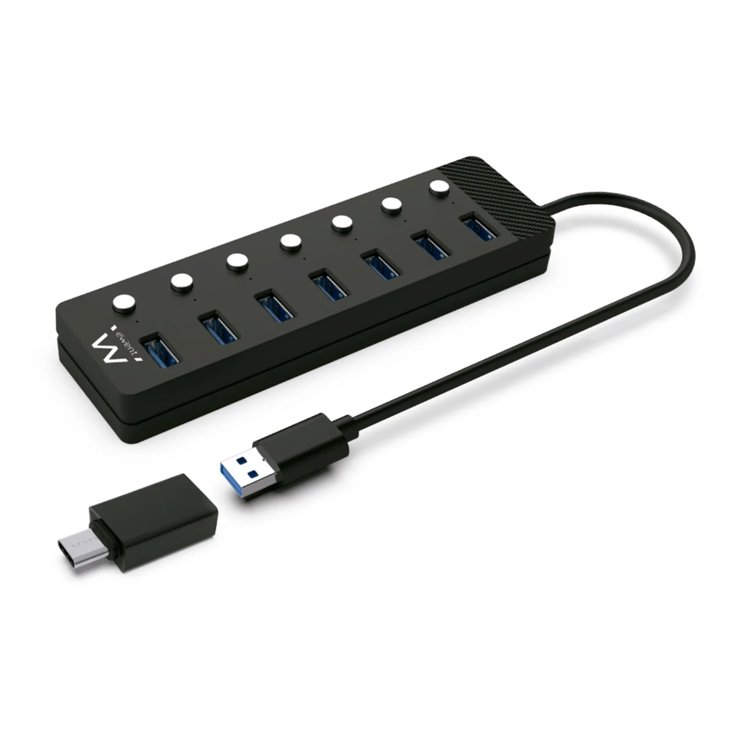 Hub USB Ewent EW1147 3.0 Gen 1 7 Portas com Interruptores Adaptador USB-C Preto