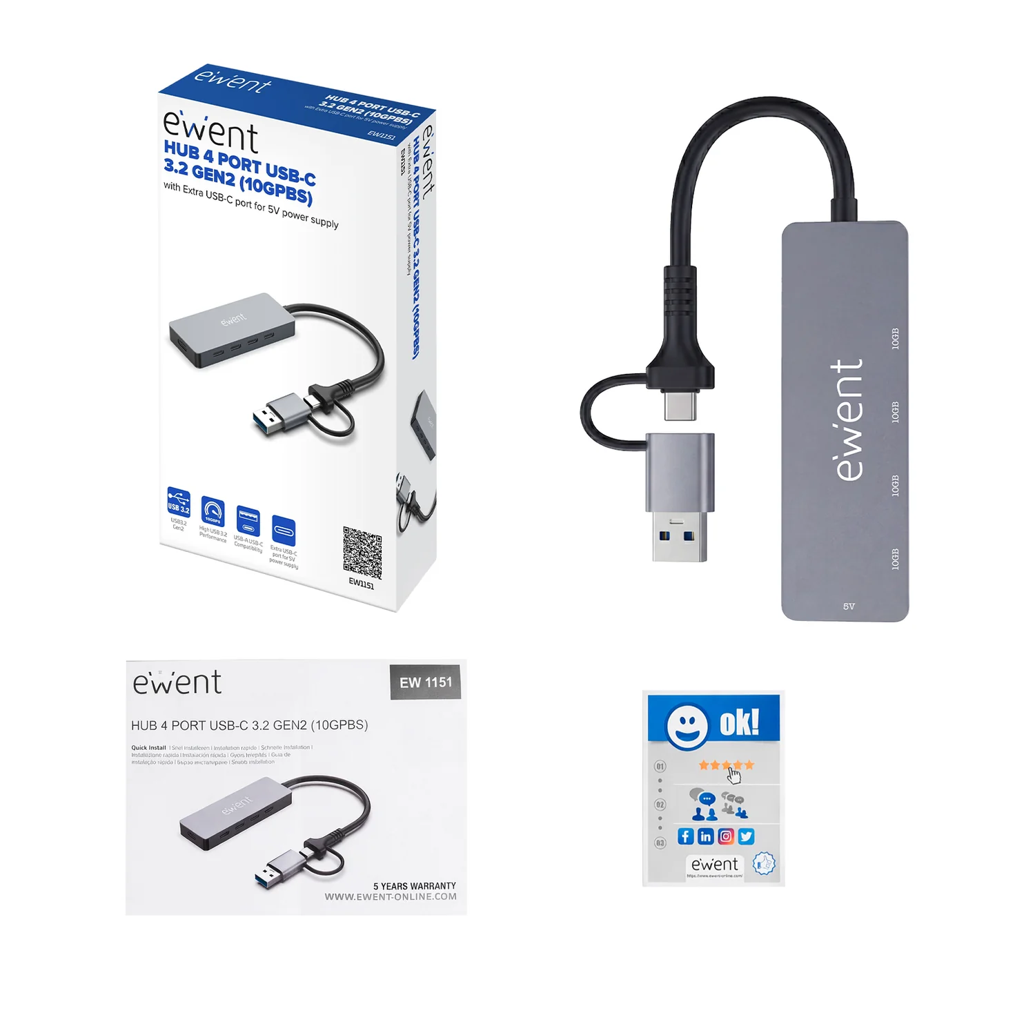 Hub USB-C Ewent EW1151 4 portas USB 3.2 Gen 2 10Gbps alumínio cinzento - Imagem 2