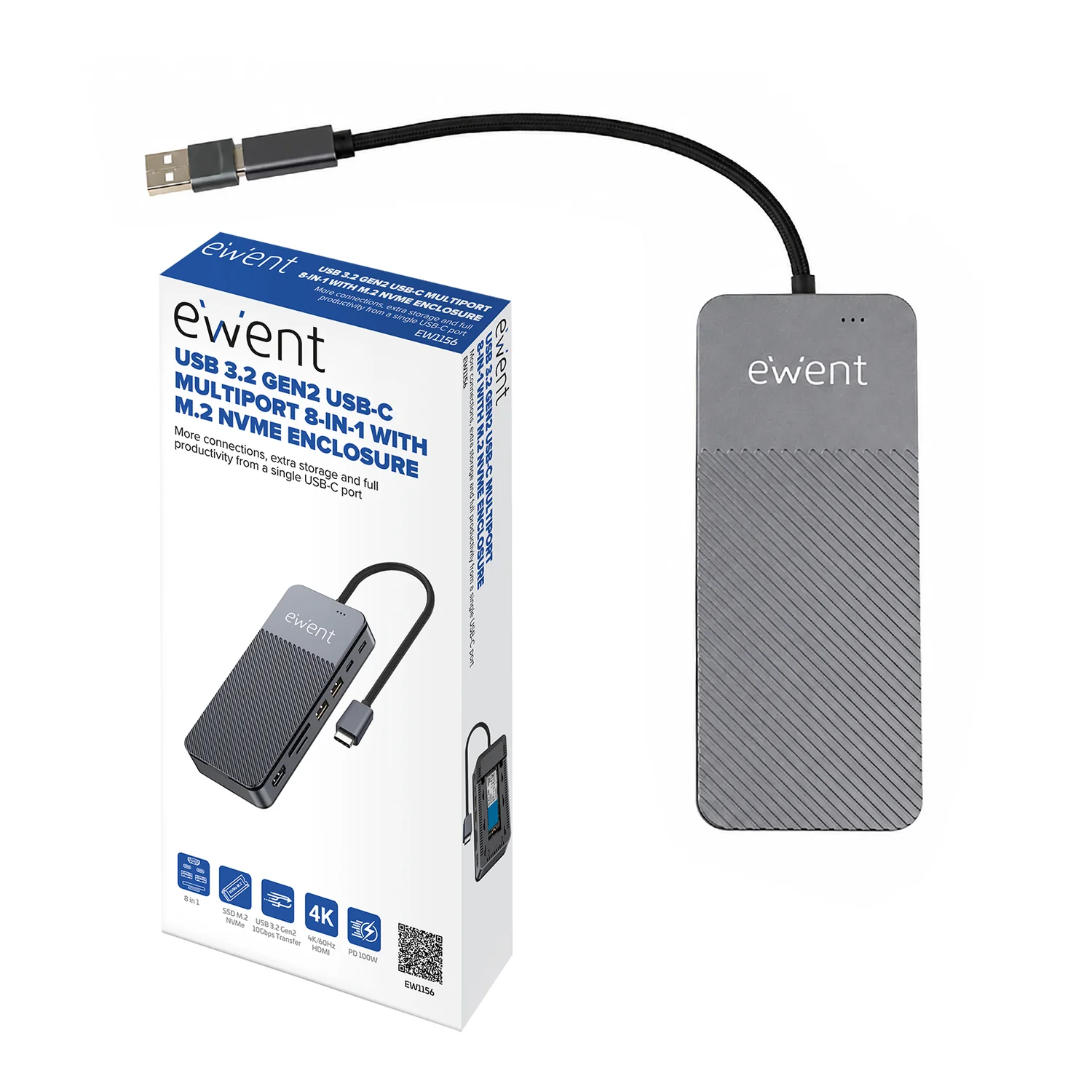 Adaptador USB-C EWENT Dock 8 em 1 com Slot M.2 NVMe SSD HDMI 4K 2x USB 3.2 SD/TF PD 100W Alumínio - Imagem 2