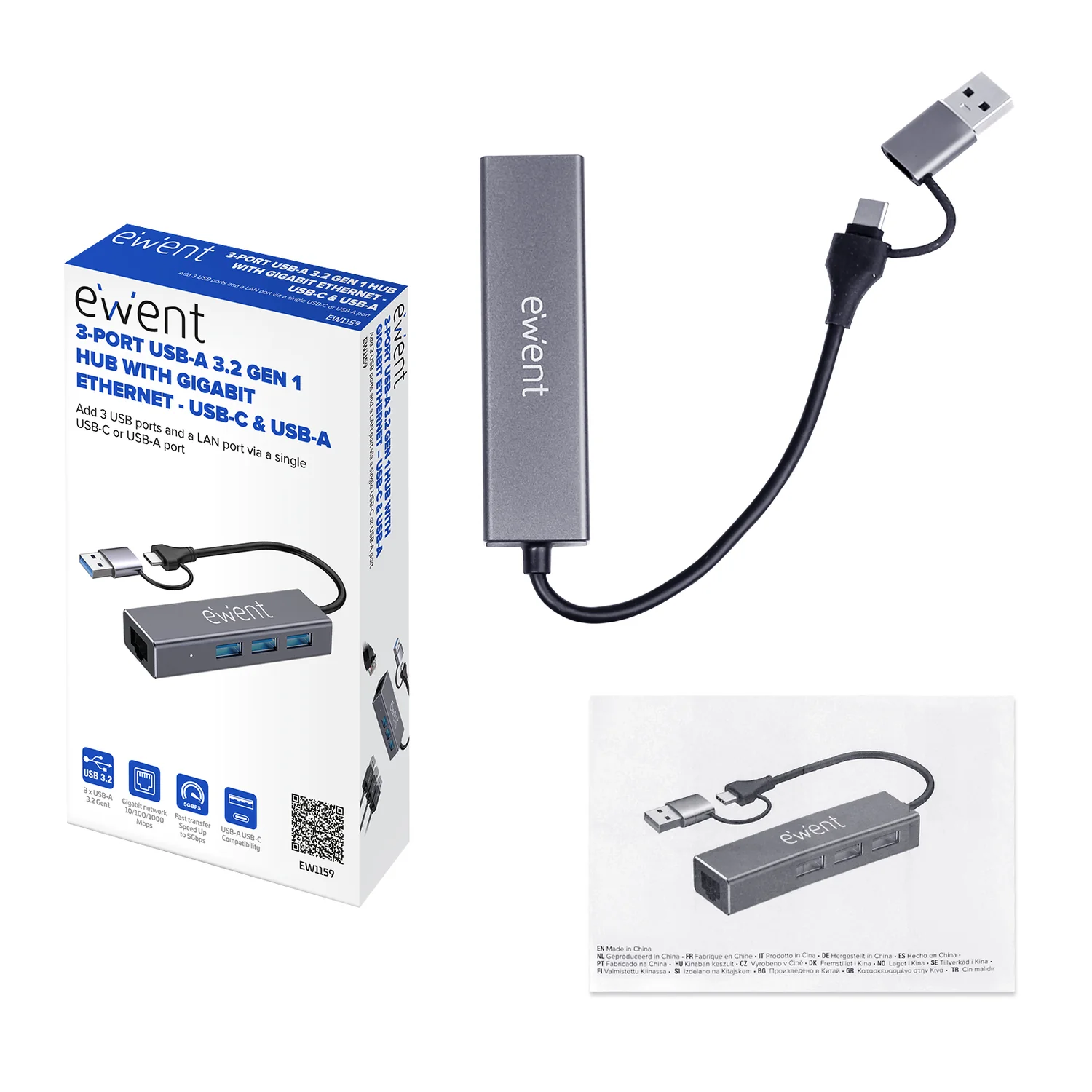 Hub USB-C 3.2 Gen 1 com 3 Portas USB-A e Gigabit Ethernet em Alumínio Ewent EW1159 - Imagem 2