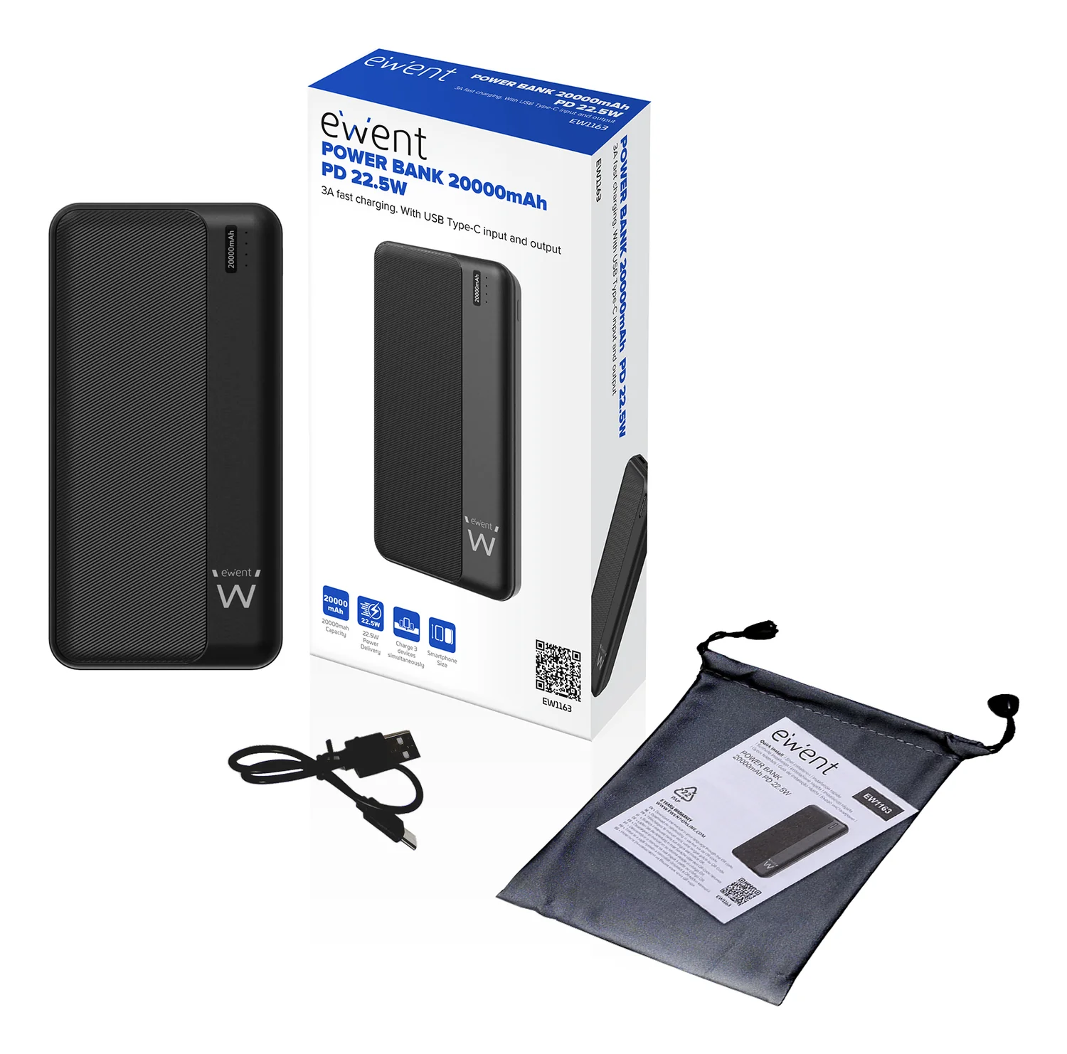 Powerbank Ewent EW1163 20000mAh PD 22,5W USB-C + 2x USB-A Carregamento Rápido Preto - Imagem 4