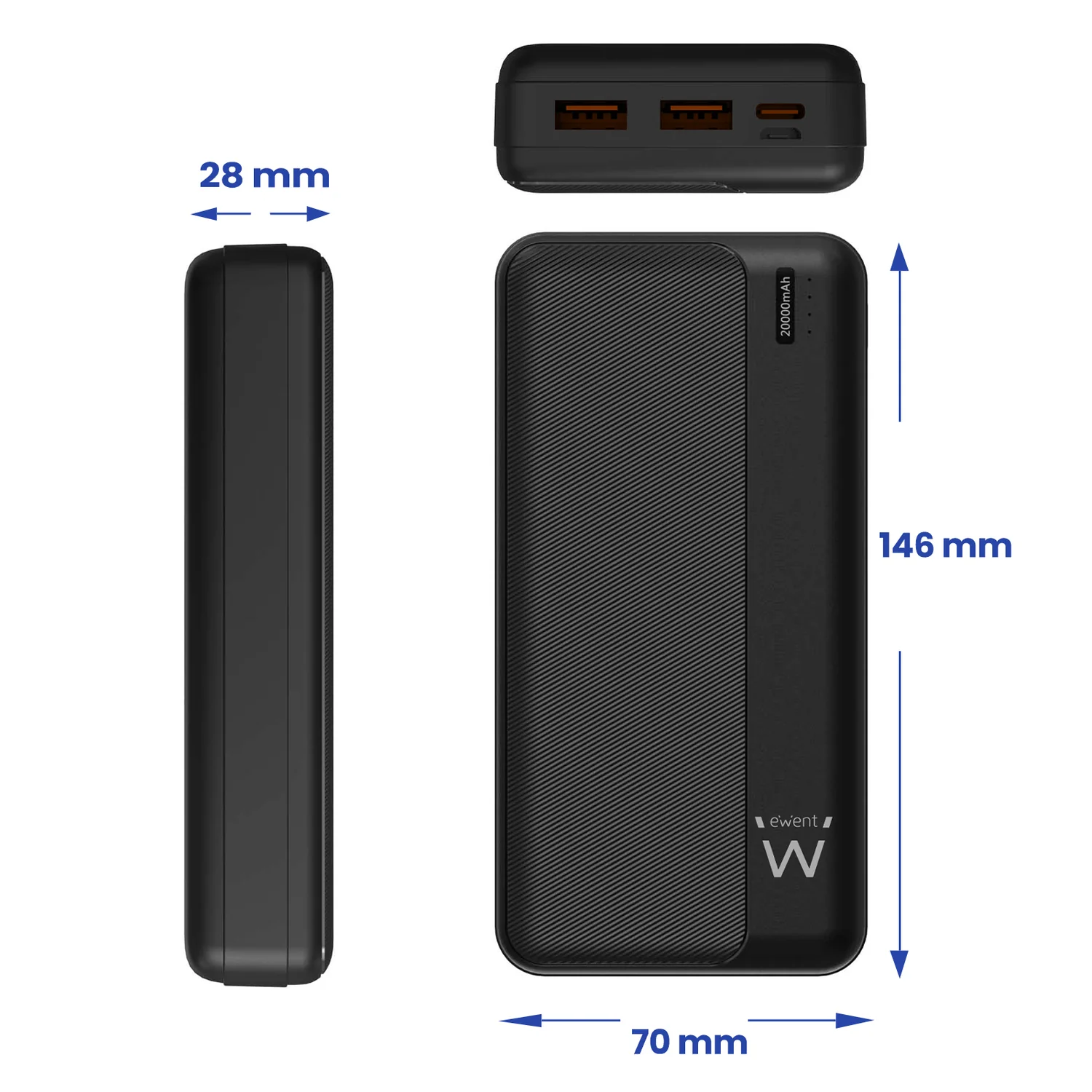 Powerbank Ewent EW1163 20000mAh PD 22,5W USB-C + 2x USB-A Carregamento Rápido Preto - Imagem 2