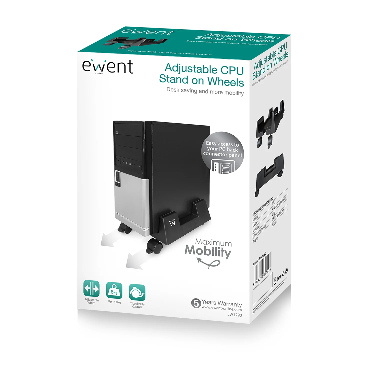 Suporte para Torre de PC Ewent EW1290 Ajustável com 4 Rodas até 8 kg - Imagem 5