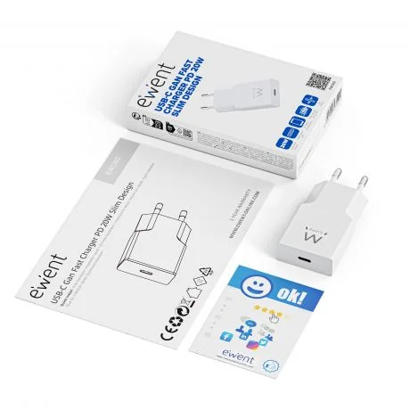 Carregador USB-C Ewent EW1310 GaN 20W PD3.0 QC3.0 design slim branco - Imagem 2