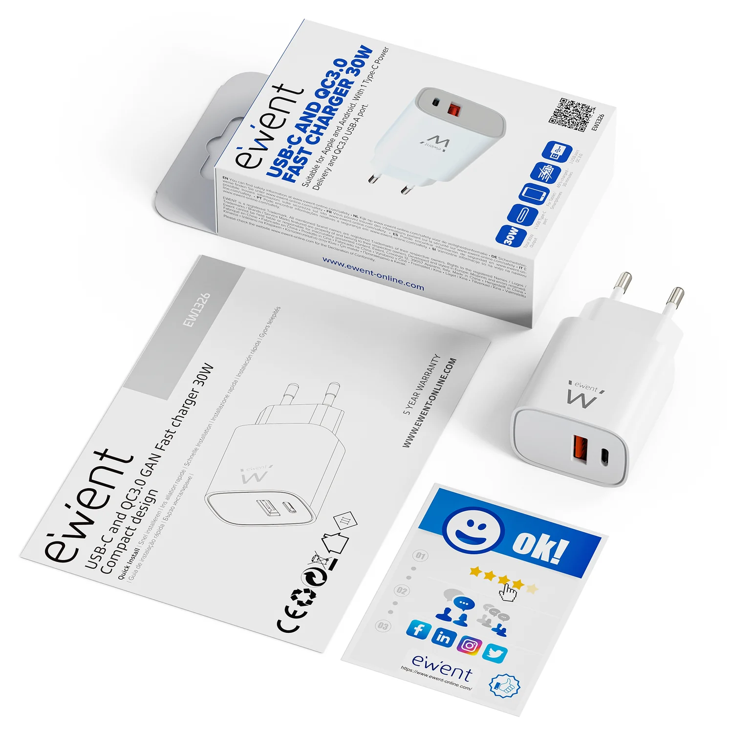 Carregador USB-C e USB-A Ewent EW1326 GaN 30W PD3.0 QC3.0 compacto branco - Imagem 2