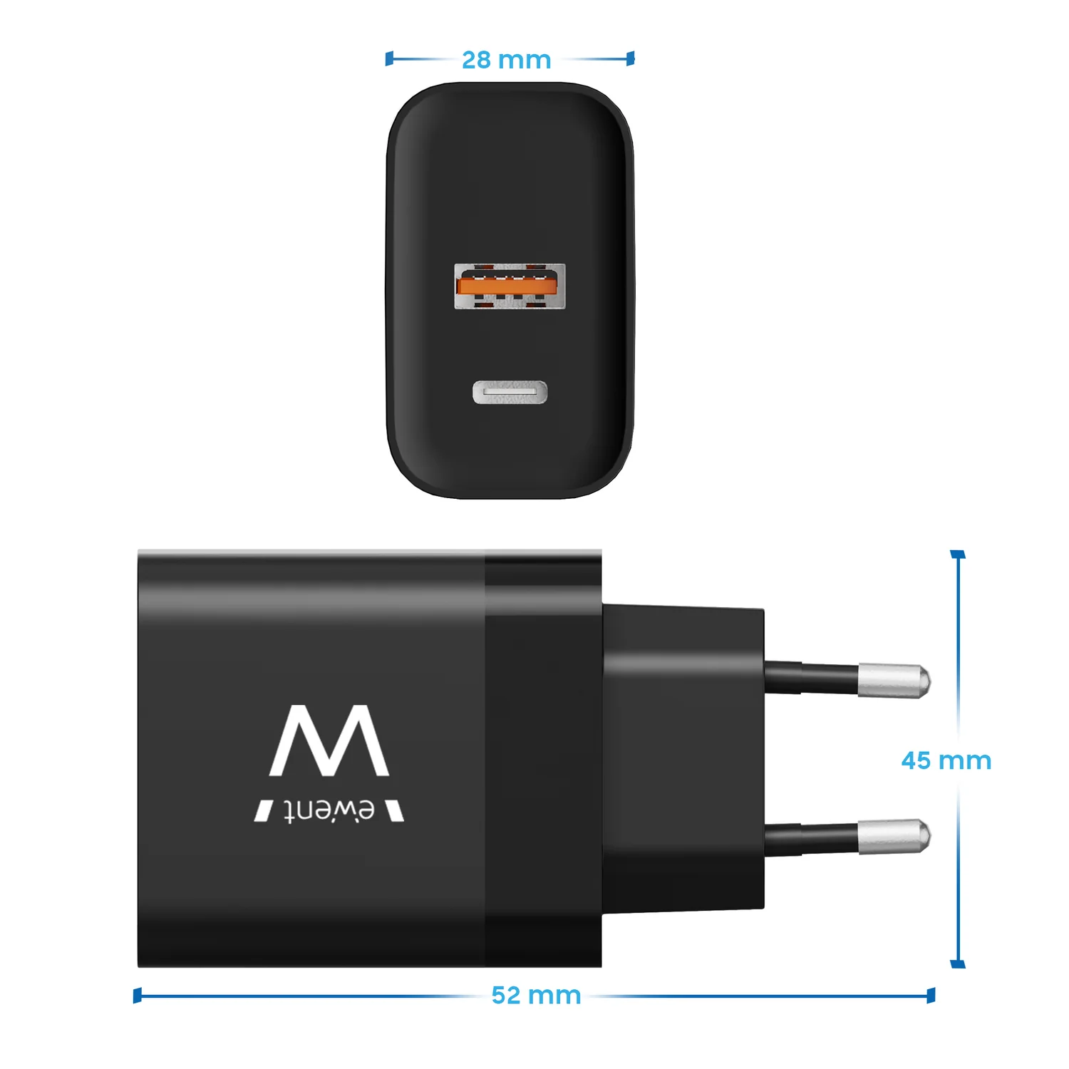 Carregador USB-C e USB-A GaN 45W Ewent EW1327, 2 Portas, Carregamento Rápido PD3.0 QC4+, Preto - Imagem 3