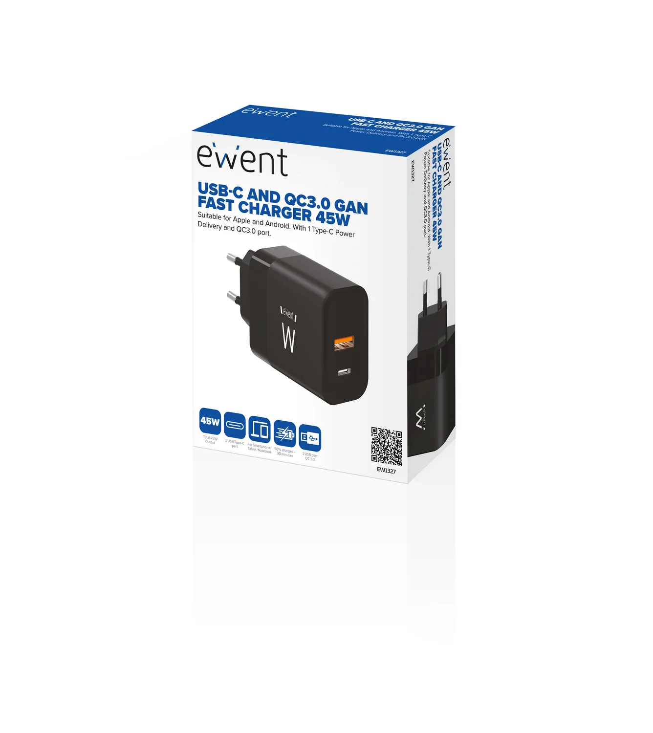 Carregador USB-C e USB-A GaN 45W Ewent EW1327, 2 Portas, Carregamento Rápido PD3.0 QC4+, Preto - Imagem 4