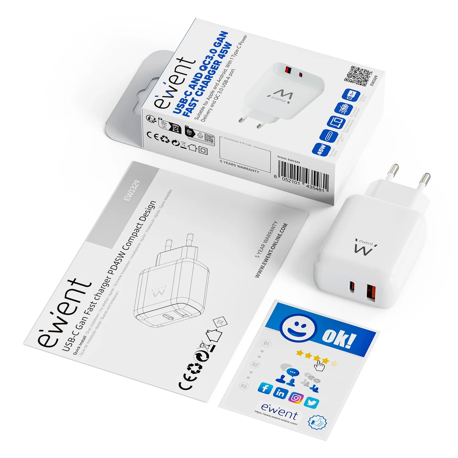 Carregador USB-C e USB-A Ewent EW1329 GaN 45W PD3.0 QC3.0 compacto branco - Imagem 2