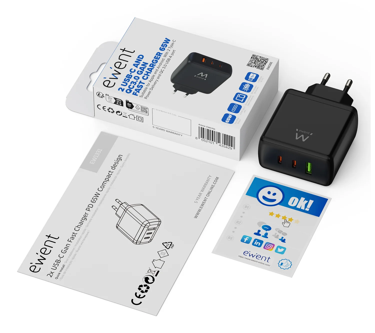 Carregador GaN Ewent EW1331 65W 3 Portas USB-C PD + USB-A QC3.0 Compacto Preto - Imagem 2