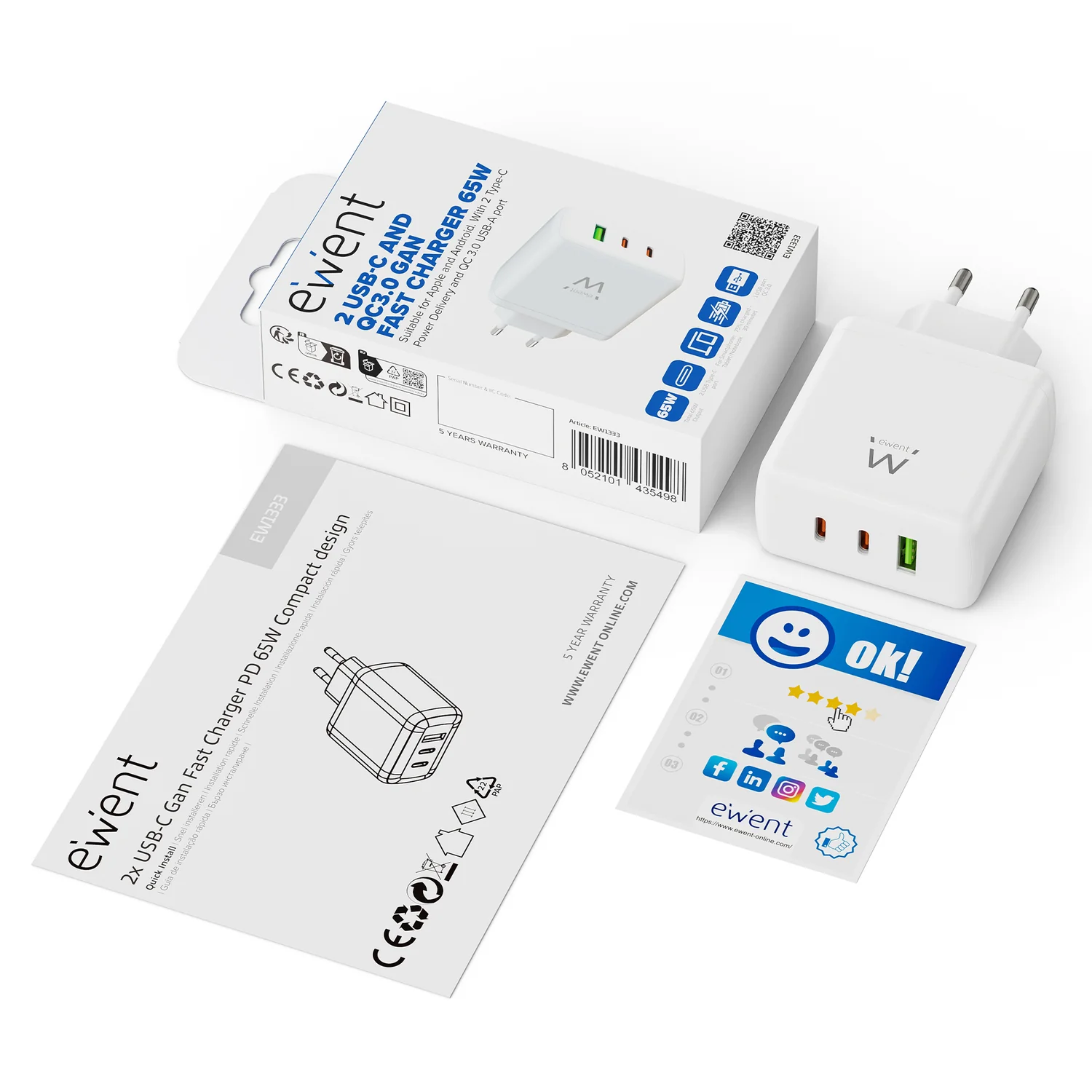 Carregador GaN Ewent EW1333 65W USB-C PD3.0 + USB-A QC3.0 3 Portas Branco - Imagem 2