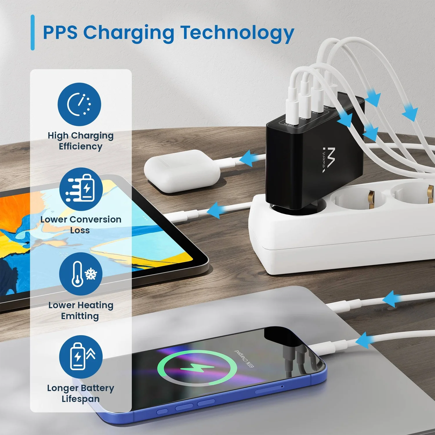 Carregador EWENT GaN 100W 3x USB-C Power Delivery 3.0 + 1x USB-A Quick Charge 3.0 Preto - Imagem 11
