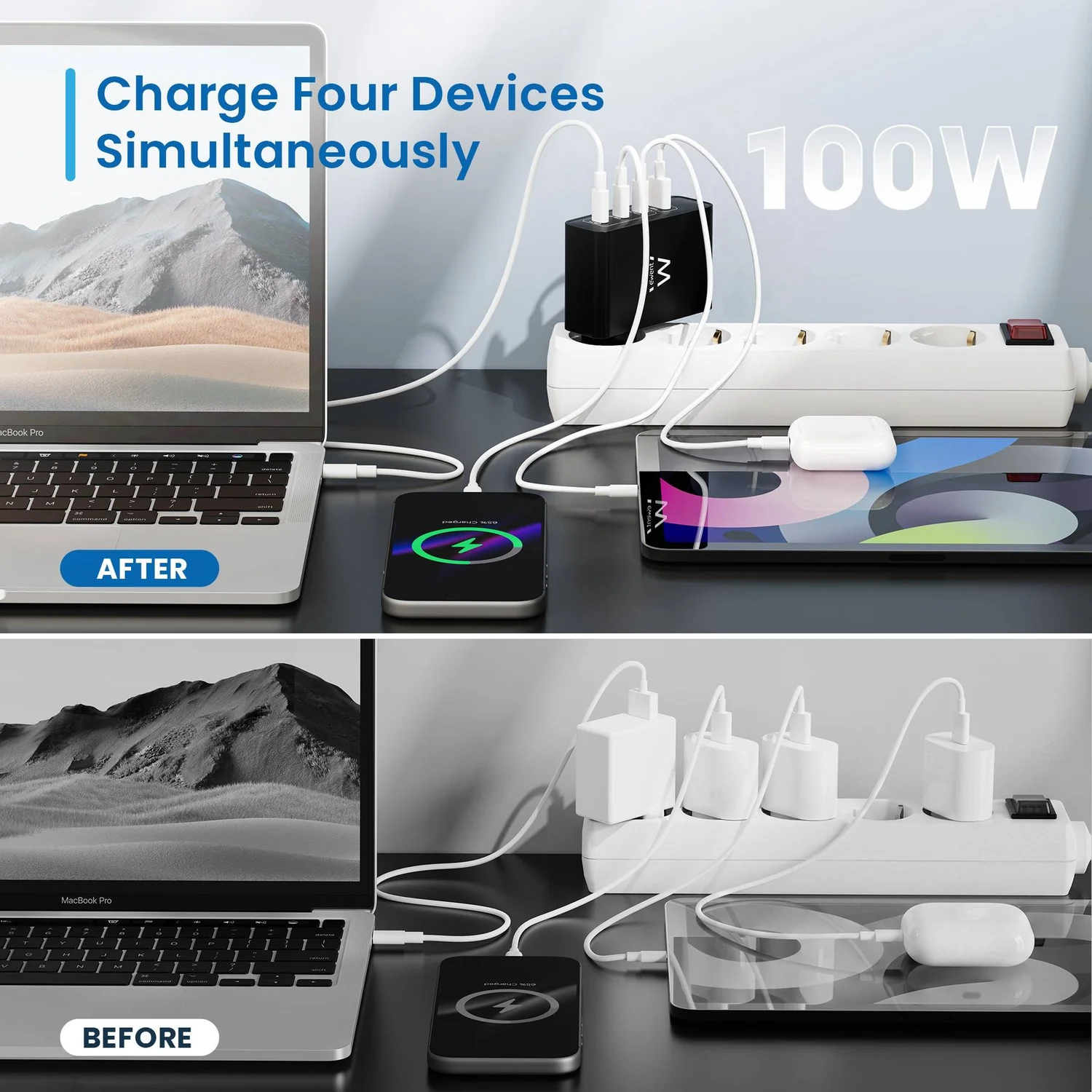Carregador EWENT GaN 100W 3x USB-C Power Delivery 3.0 + 1x USB-A Quick Charge 3.0 Preto - Imagem 2