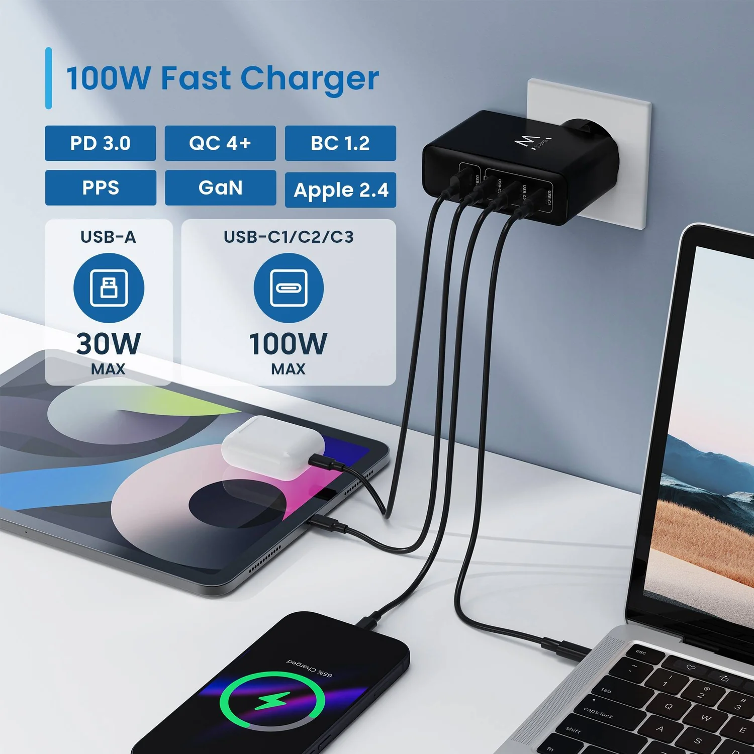 Carregador EWENT GaN 100W 3x USB-C Power Delivery 3.0 + 1x USB-A Quick Charge 3.0 Preto - Imagem 4