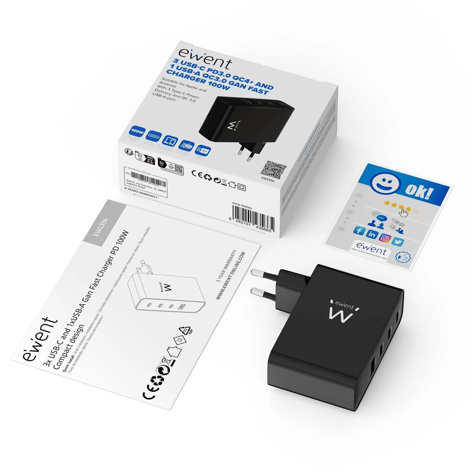 Carregador EWENT GaN 100W 3x USB-C Power Delivery 3.0 + 1x USB-A Quick Charge 3.0 Preto - Imagem 5