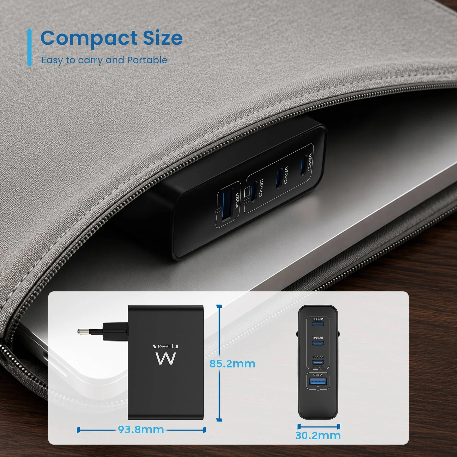 Carregador EWENT GaN 100W 3x USB-C Power Delivery 3.0 + 1x USB-A Quick Charge 3.0 Preto - Imagem 7