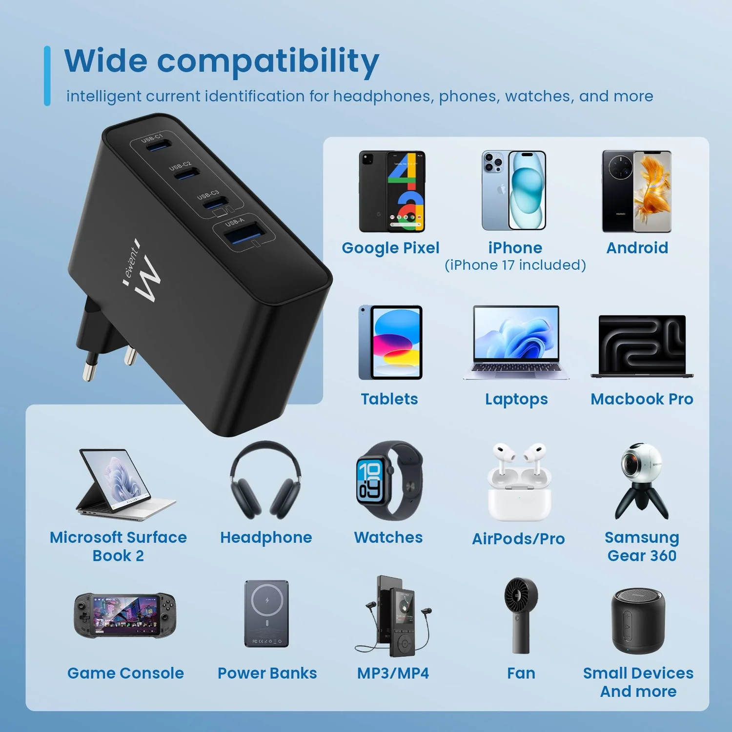 Carregador EWENT GaN 100W 3x USB-C Power Delivery 3.0 + 1x USB-A Quick Charge 3.0 Preto - Imagem 9