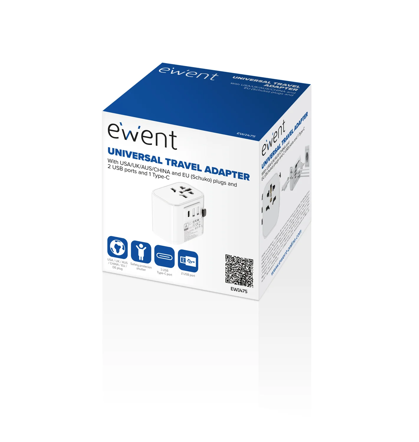 Adaptador de Viagem Universal Ewent EW1475 com 2 USB-A e 1 USB-C Branco - Imagem 2