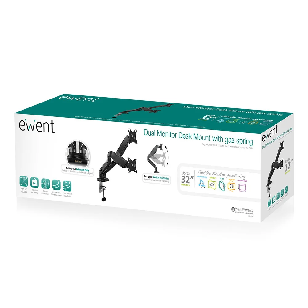 Suporte de Monitor Ewent EW1516 Duplo 13"-32" Pneumático VESA 100x100 Preto - Imagem 4