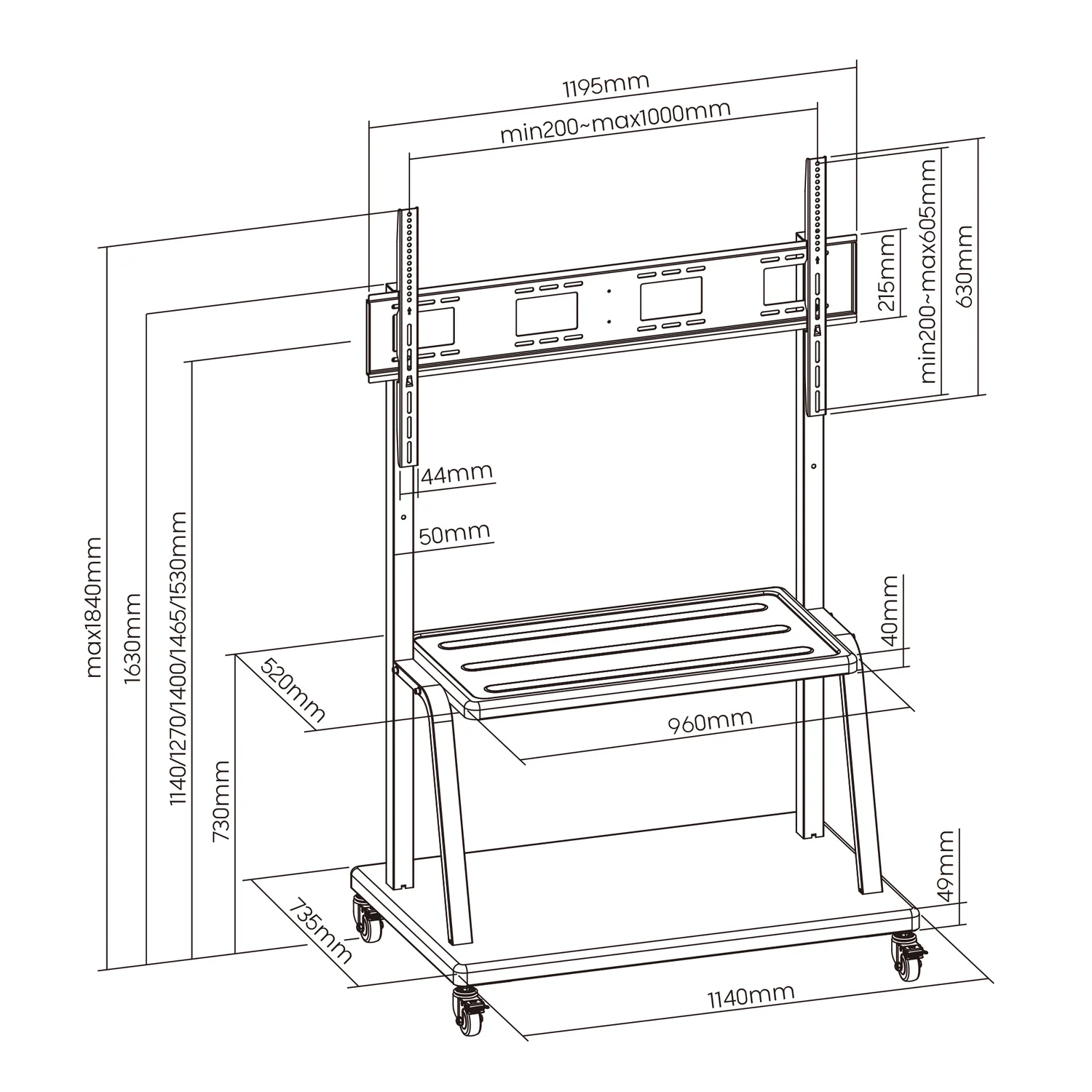 Suporte móvel de chão para TV 55"-120" Ewent EW1541 com prateleiras VESA 1000x600 até 150 kg preto - Imagem 3