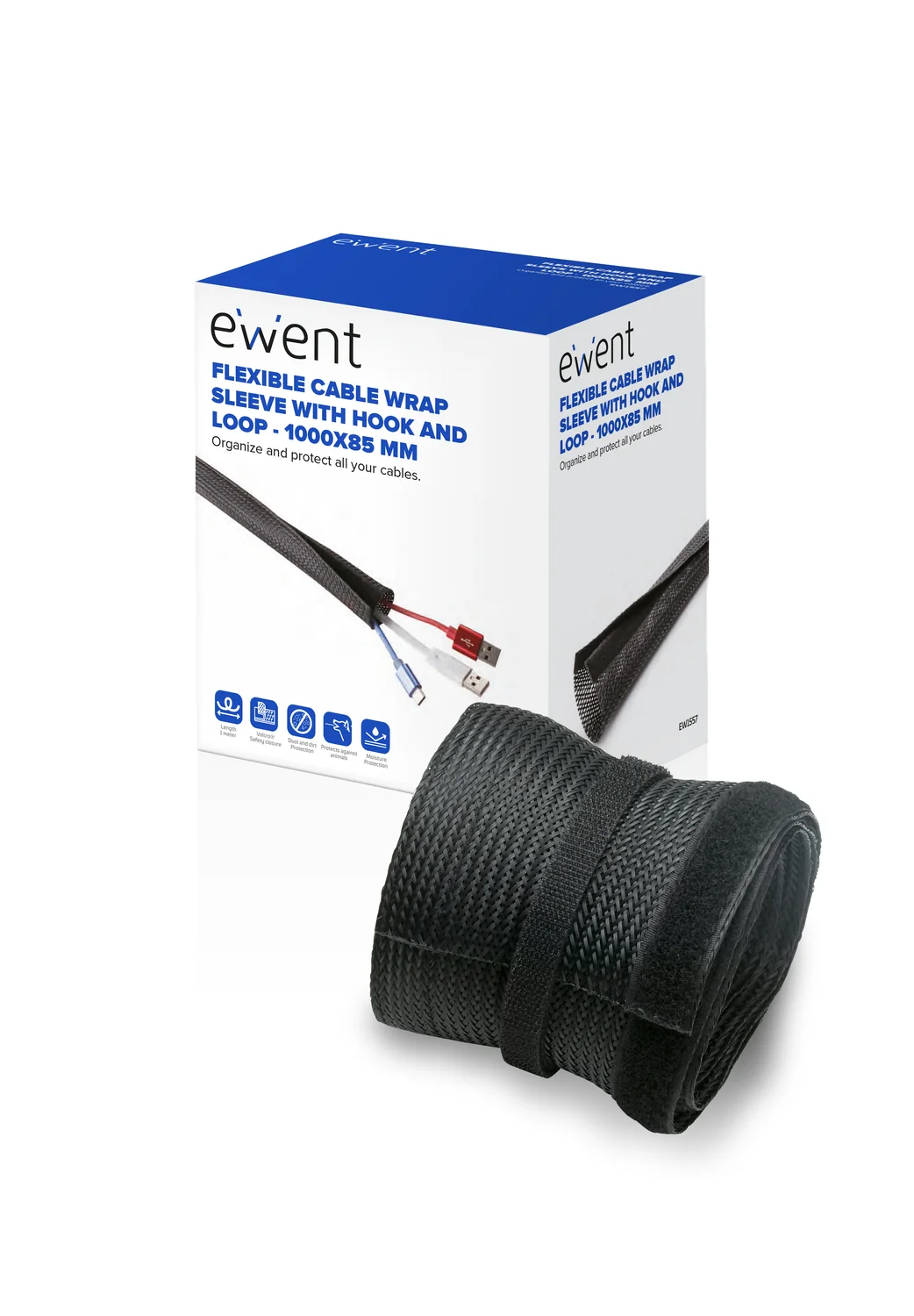 Manga organizadora de cabos flexível Ewent EW1557 com fecho velcro 1m x 85mm preta