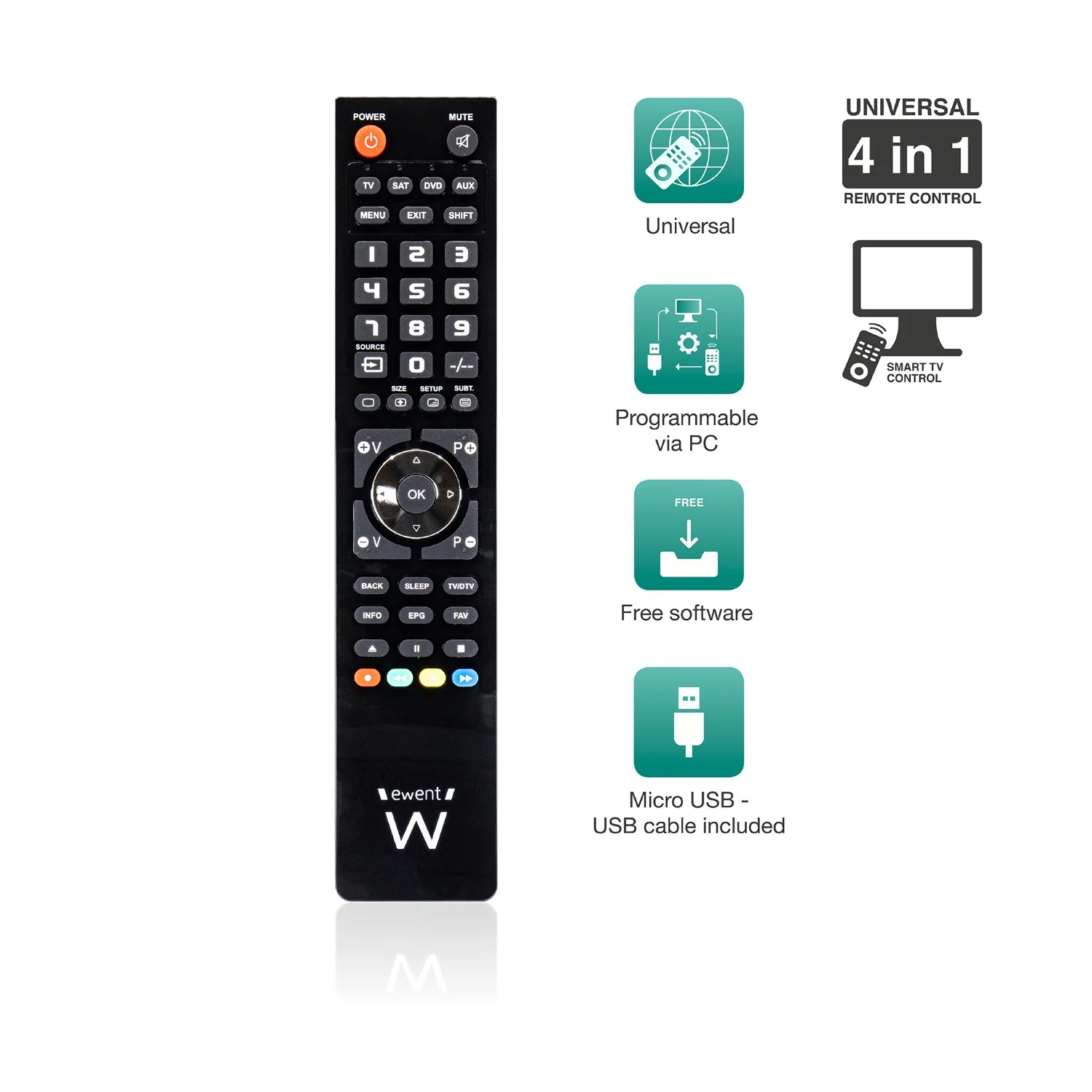 Comando universal 4 em 1 Ewent EW1570 programável via PC cabo micro USB para TV DVD SAT STB preto - Imagem 2