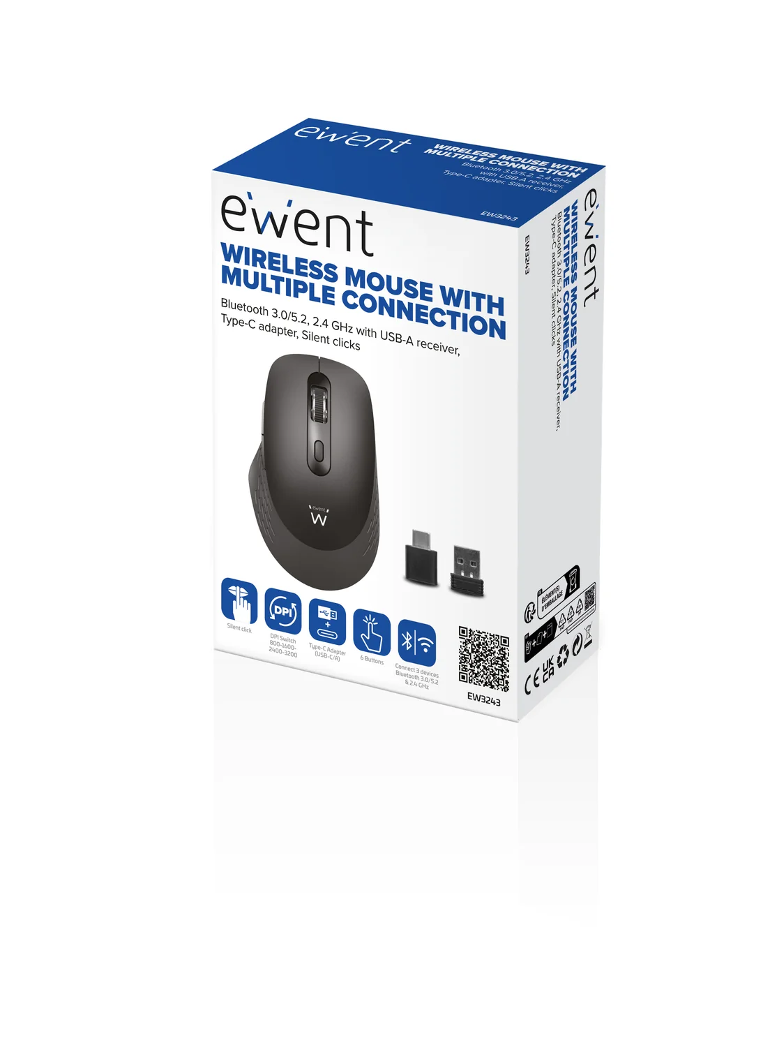 Rato Sem Fios Ewent EW3243 Multi-Conexão Bluetooth 5.2 + 2.4GHz 6 Botões 3200DPI Silencioso Preto - Imagem 2