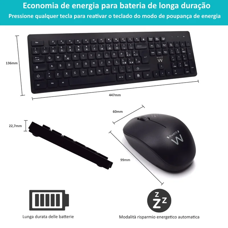 Kit teclado e rato sem fios Ewent EW3258 QWERTY PT silencioso 1600DPI preto - Imagem 7