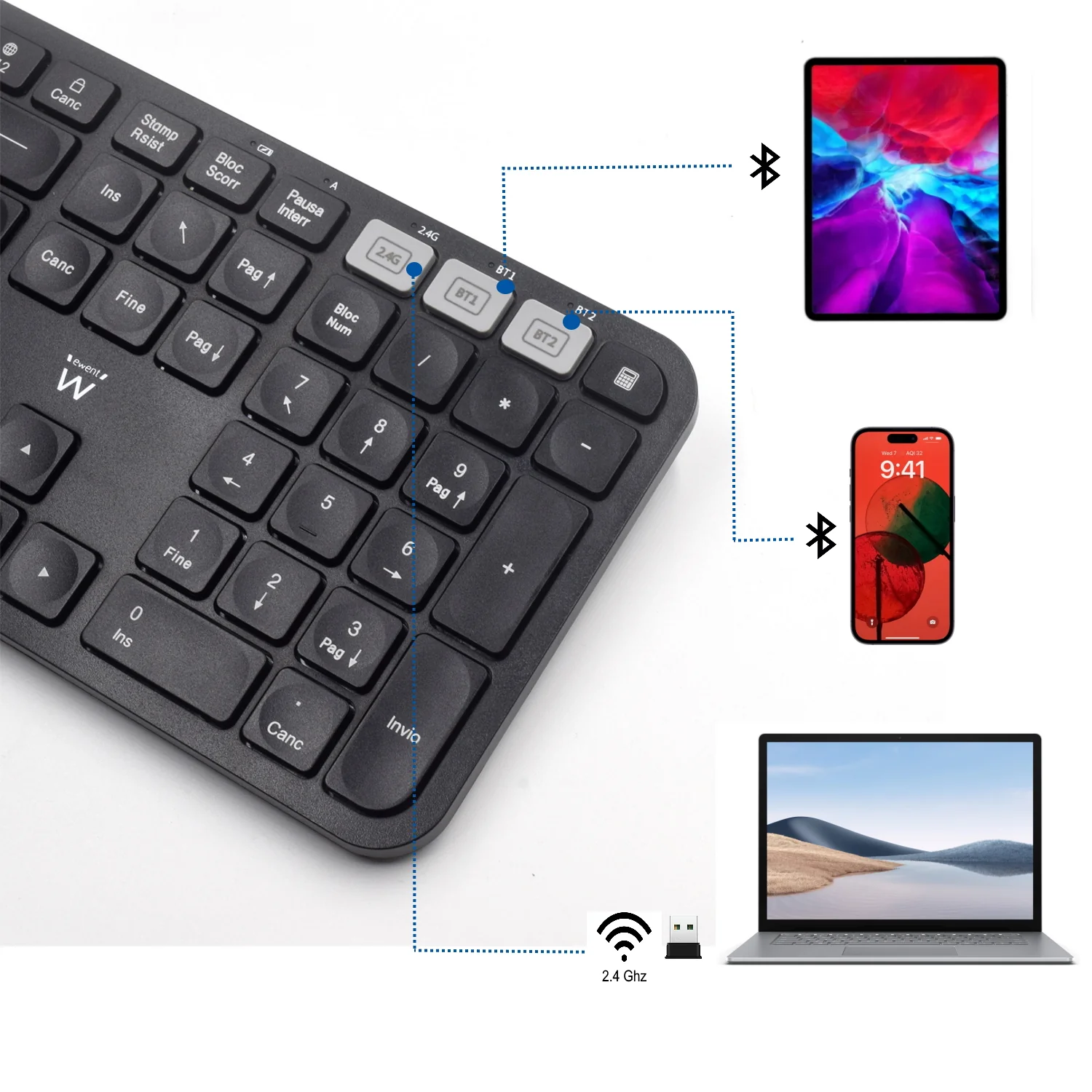 Teclado sem fios Ewent EW3277 Bluetooth 5.0 multi-connect QWERTY low-profile preto - Imagem 2