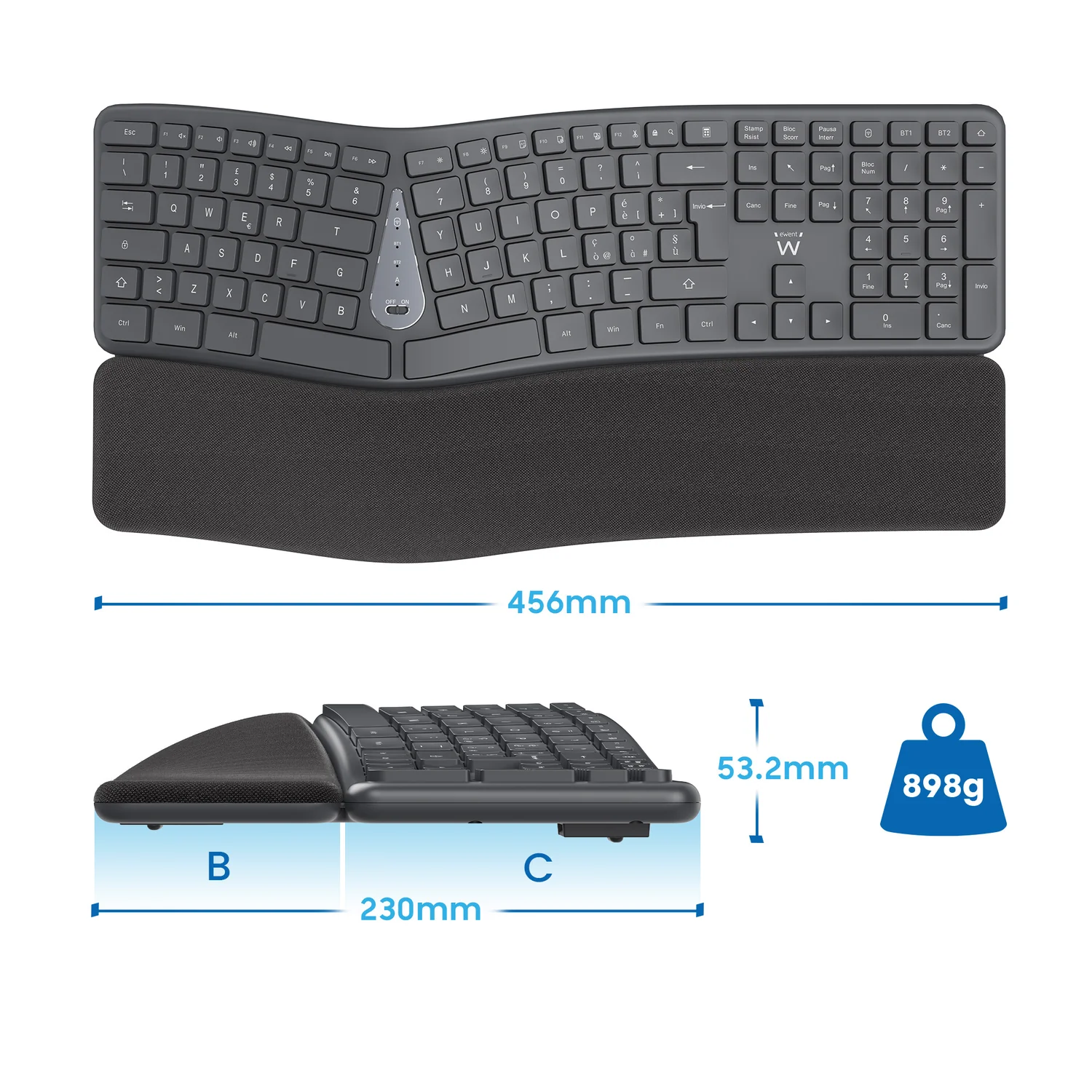 Teclado ergonómico sem fios Ewent EW3290 Bluetooth 5.0 recarregável 116 teclas preto - Imagem 3