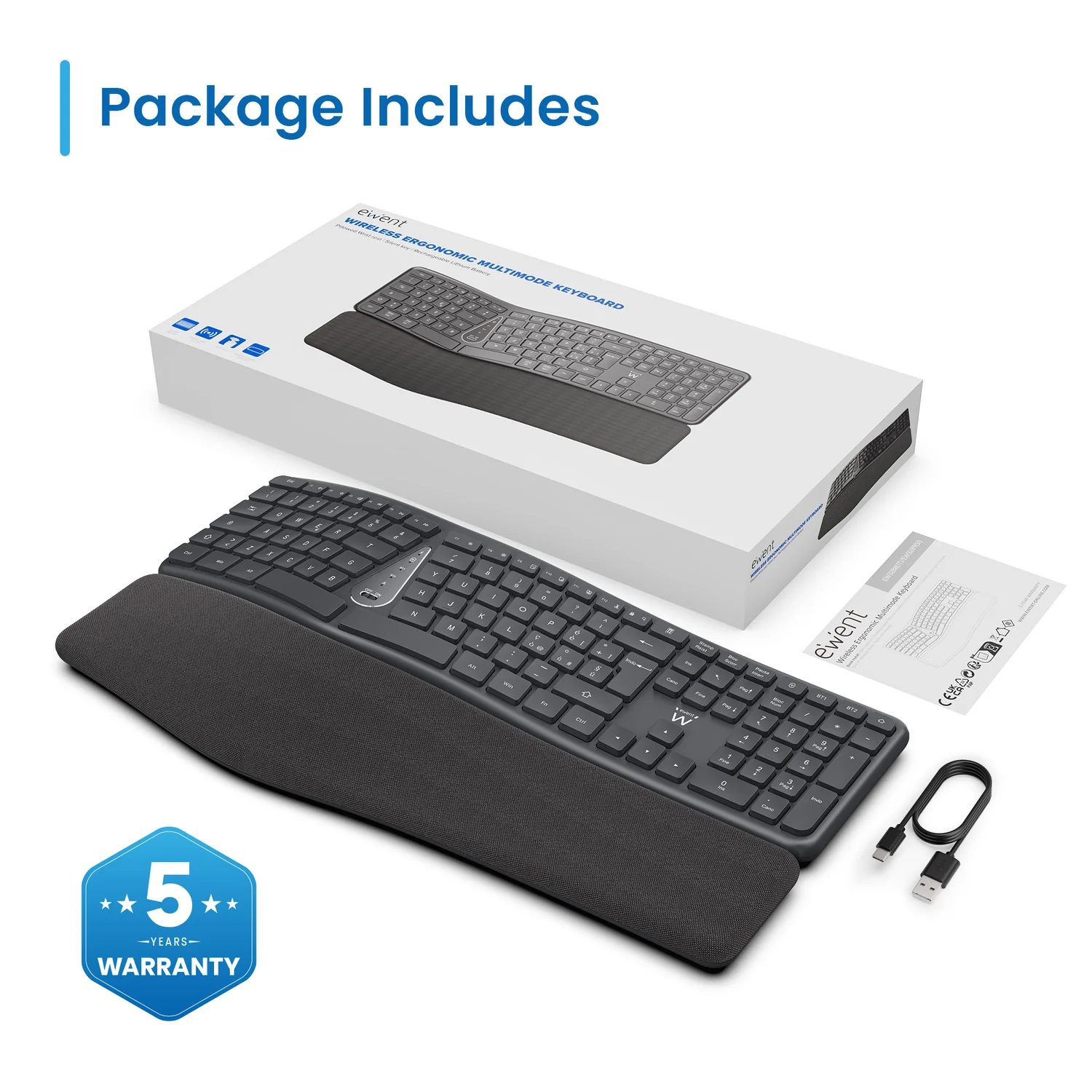 Teclado ergonómico sem fios Ewent EW3290 Bluetooth 5.0 recarregável 116 teclas preto - Imagem 2