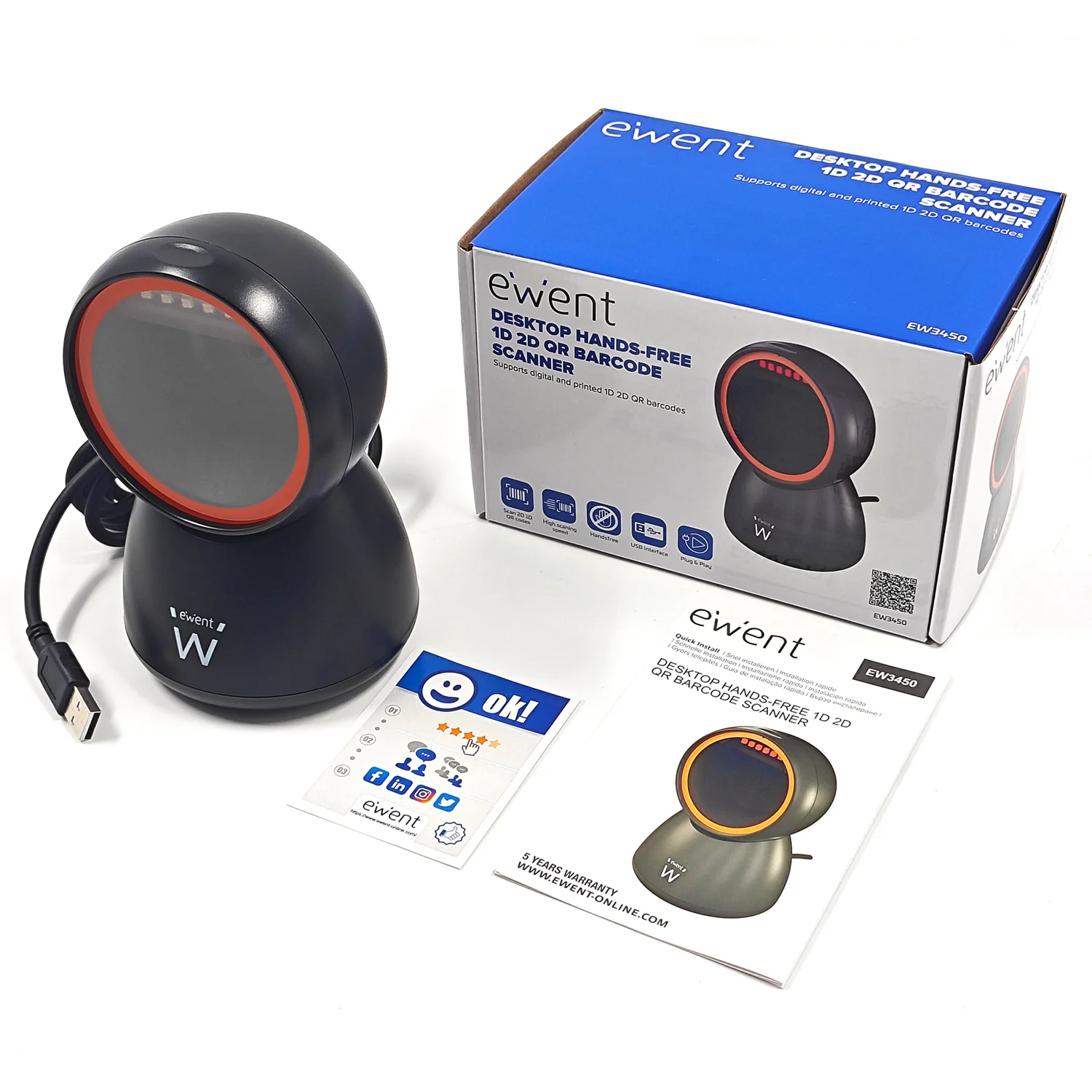 Leitor códigos de barras Ewent EW3450 fixo 1D/2D QR hands-free USB CMOS preto - Imagem 5