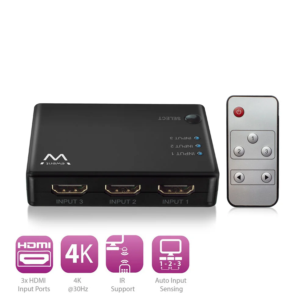 Switch HDMI Ewent EW3730 3 portas 4K 30Hz com comando e alimentacao USB - Imagem 2
