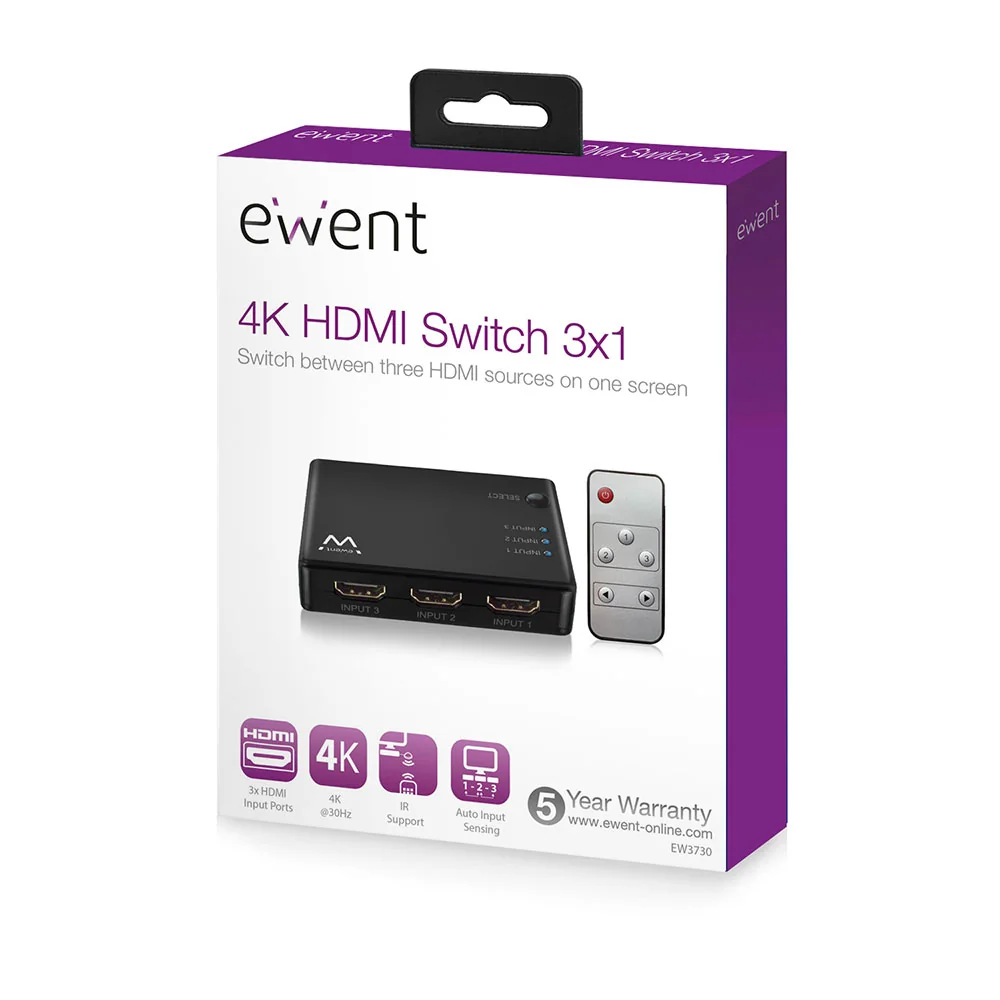 Switch HDMI Ewent EW3730 3 portas 4K 30Hz com comando e alimentacao USB - Imagem 4