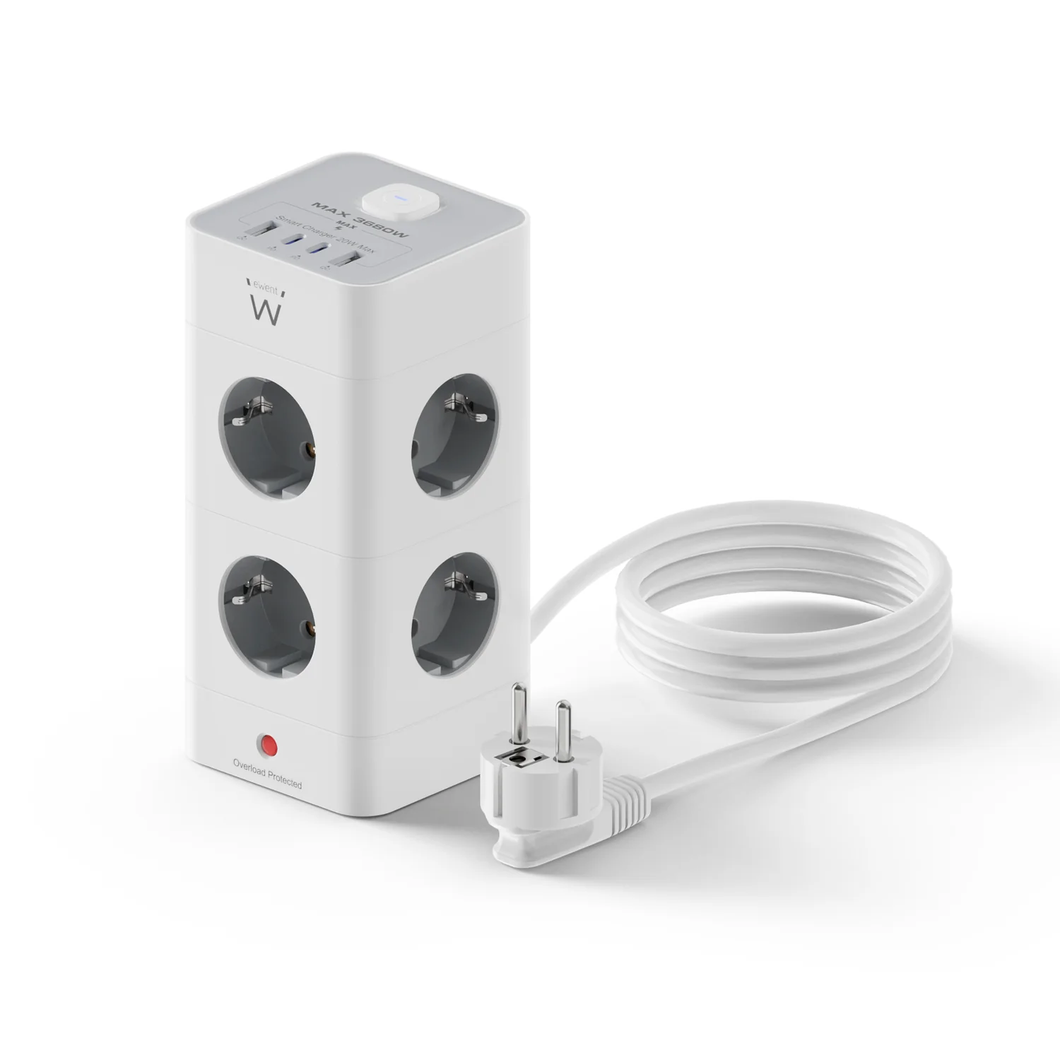 Tomada Múltipla Torre 8 Entradas Ewent EW3864 com 2x USB-A e 2x USB-C Cabo 2m