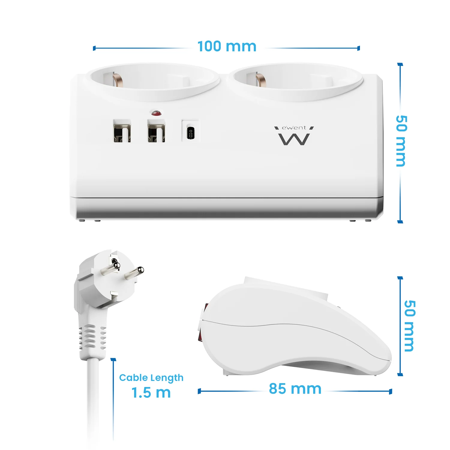 Tomada múltipla Ewent EW3870 3 saídas Schuko com 2x USB-A + 1x USB-C 16A branca - Imagem 2