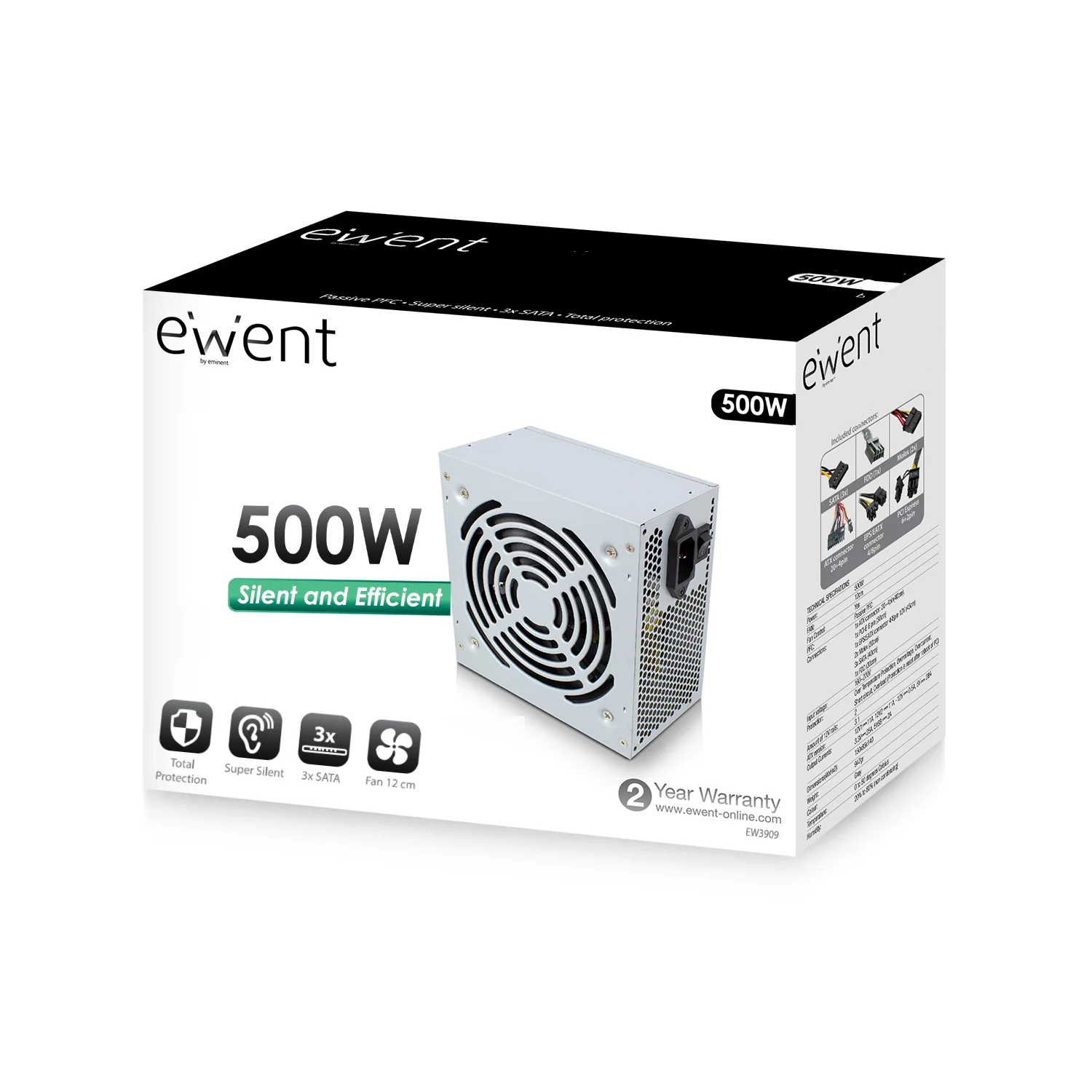 Fonte de alimentação Ewent EW3909 ATX 500W v2.3 Pro Line 3x SATA PPFC cinzenta - Imagem 3