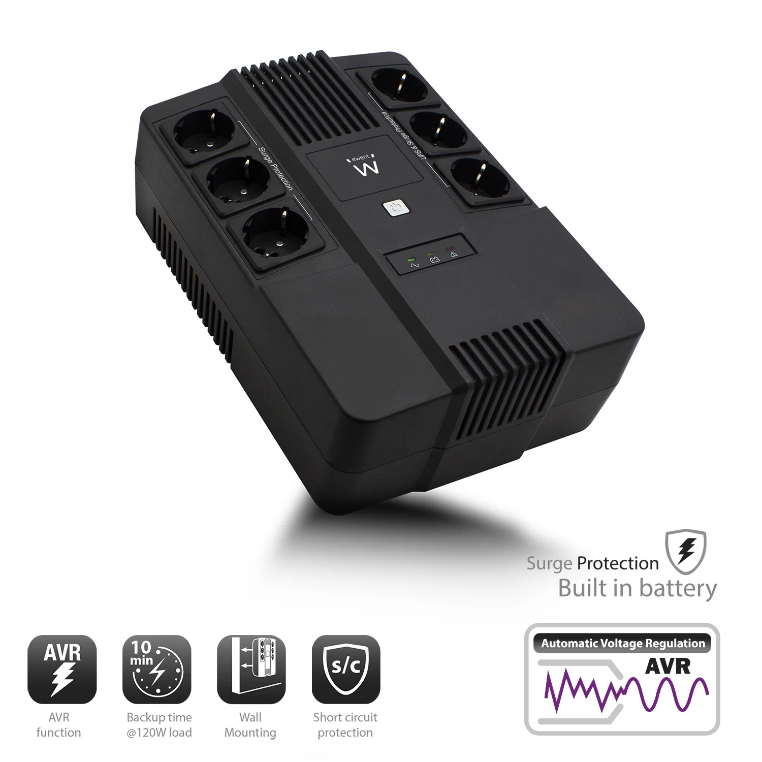 UPS Ewent EW3945 Linha Interativa 700VA 360W AVR 6 tomadas CEE7/3 preto - Imagem 2