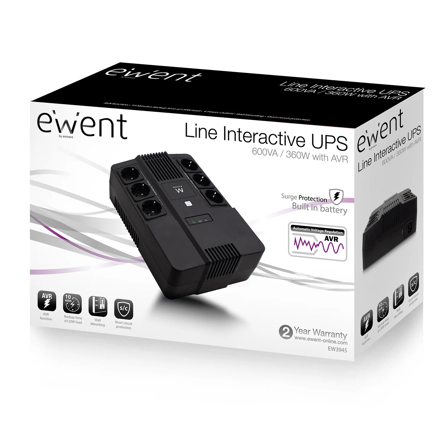 UPS Ewent EW3945 Linha Interativa 700VA 360W AVR 6 tomadas CEE7/3 preto - Imagem 5