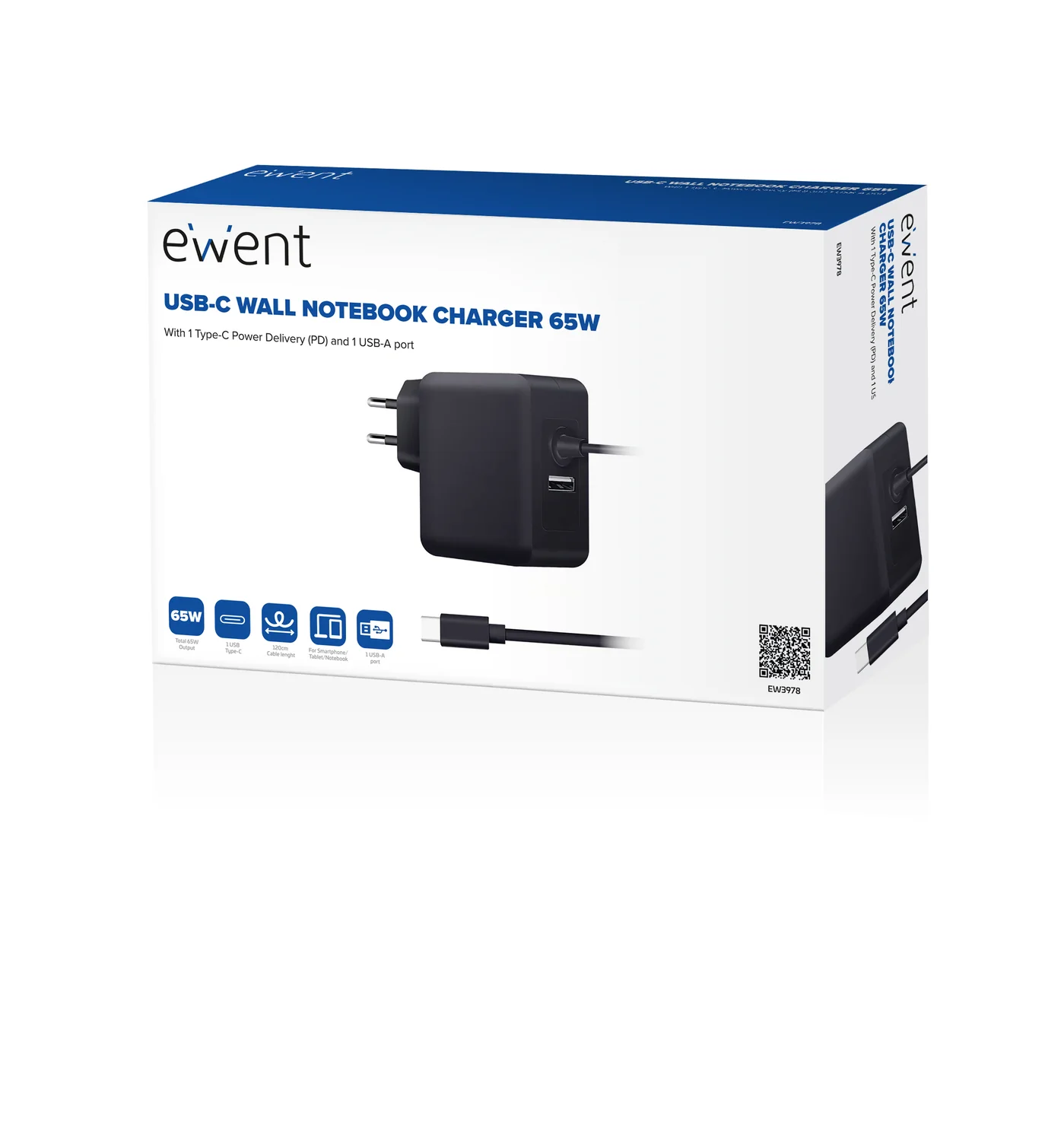 Carregador USB-C 65W Ewent EW3978 com Porta USB-A, Power Delivery 3.0, Preto - Imagem 3