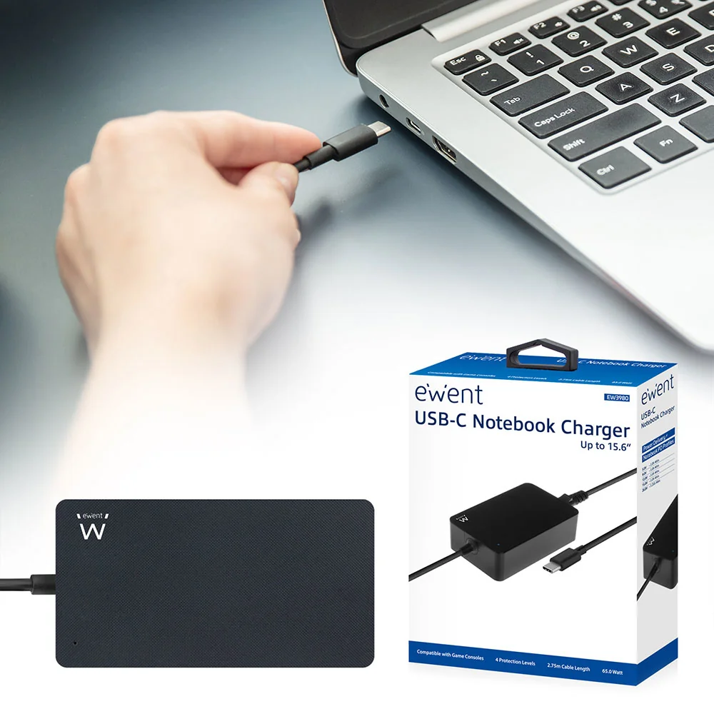 Carregador USB-C portátil Ewent EW3980 65W Power Delivery para computador portátil preto - Imagem 3
