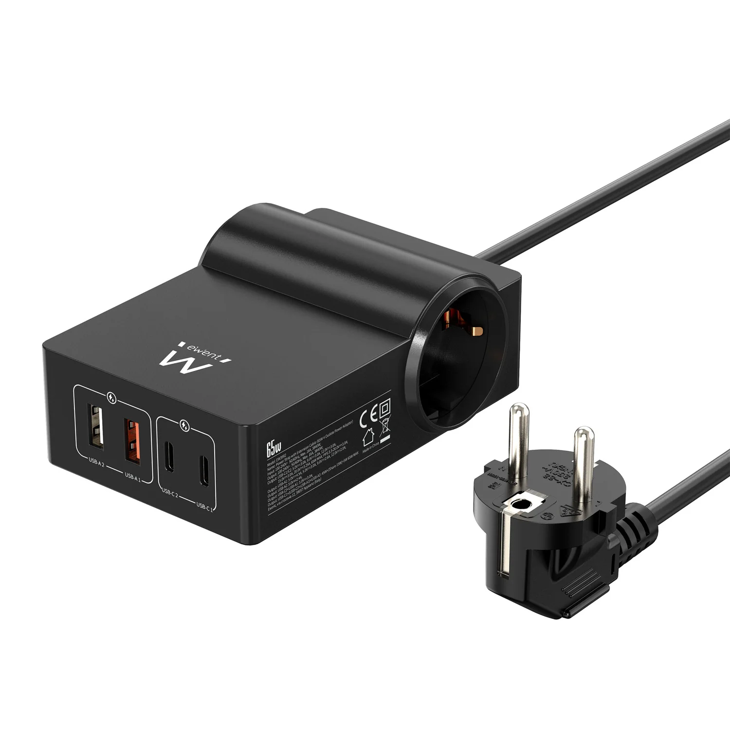 Estação de Carregamento Ewent EW3992 GaN 65W USB-C USB-A 2 Tomadas Schuko Preto - Imagem 1