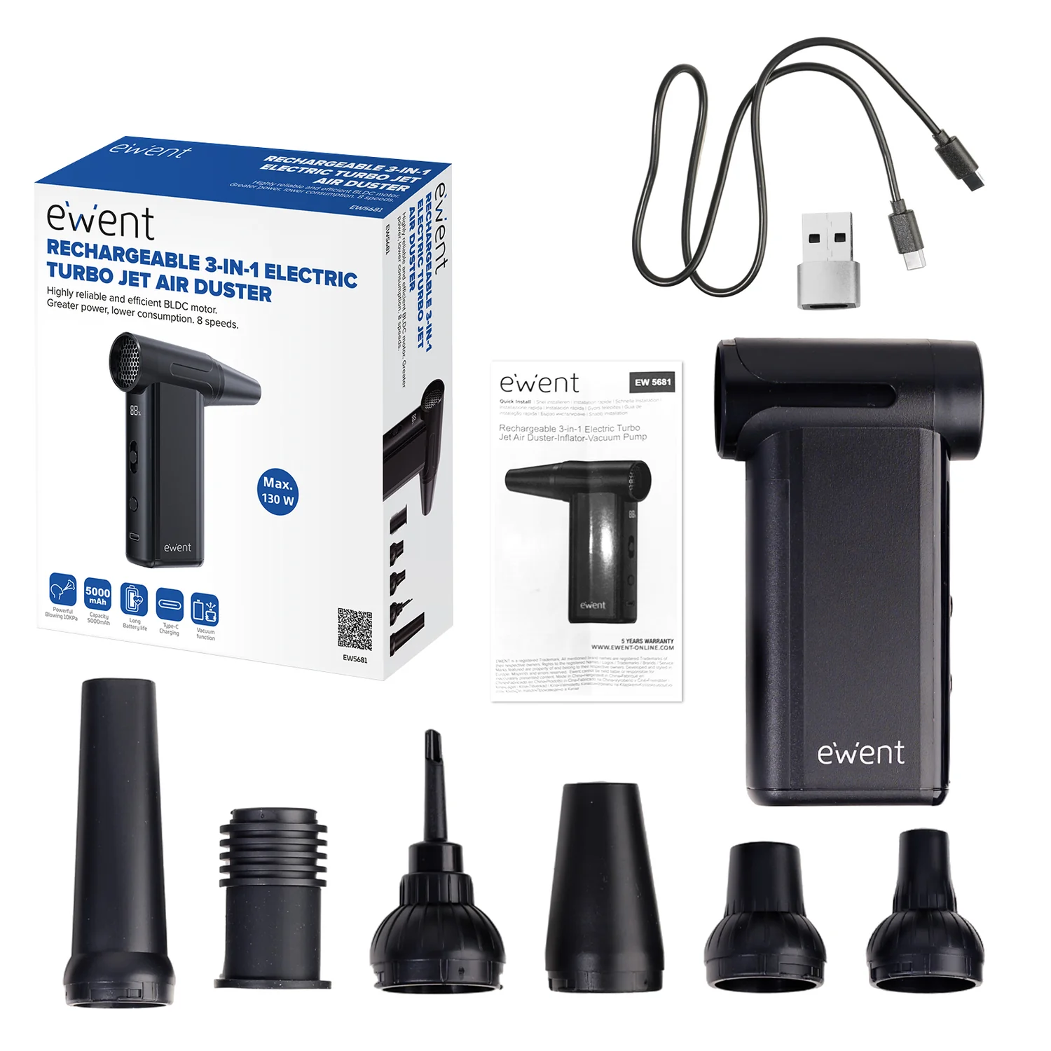 Spray de ar comprimido elétrico Ewent EW5681 130W 130000RPM 3-em-1 recarregável - Imagem 3