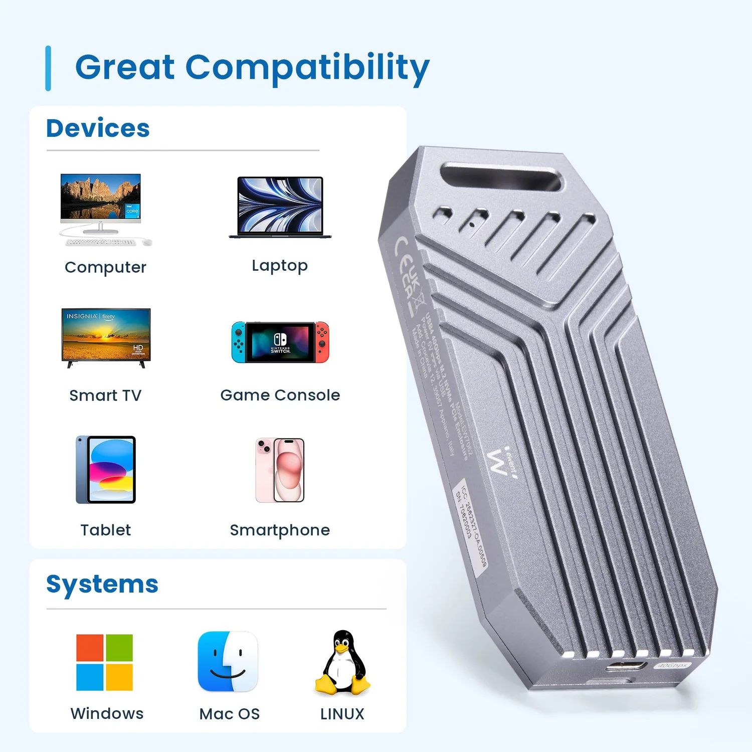 Caixa externa SSD M.2 NVMe Ewent EW7062 USB4 USB-C alumínio sem parafusos - Imagem 5