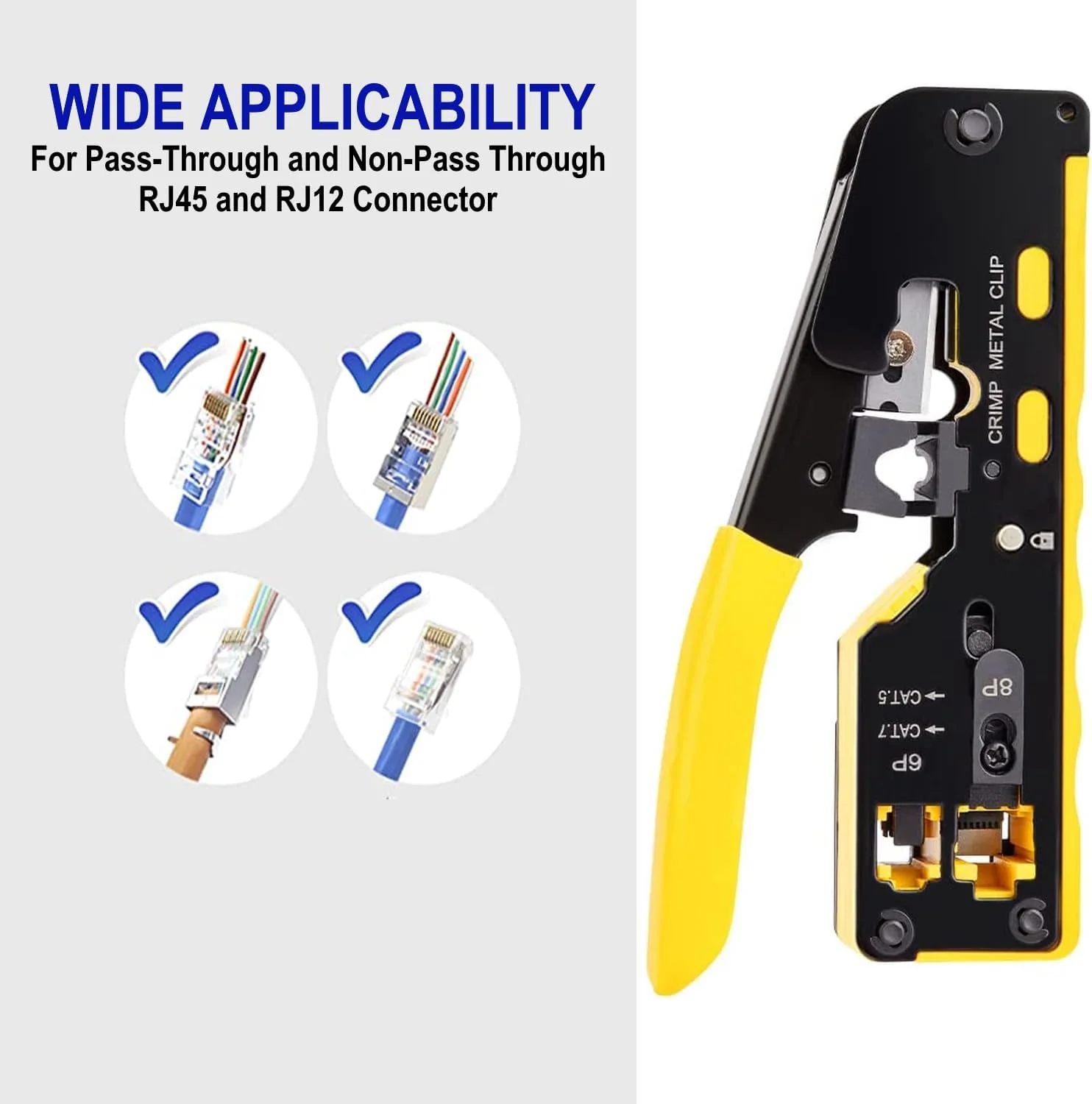 Alicate de Crimpagem EWENT para RJ45 Pass-through CAT.5e/6/6A/7 e RJ11/12 Preto e Amarelo - Imagem 2