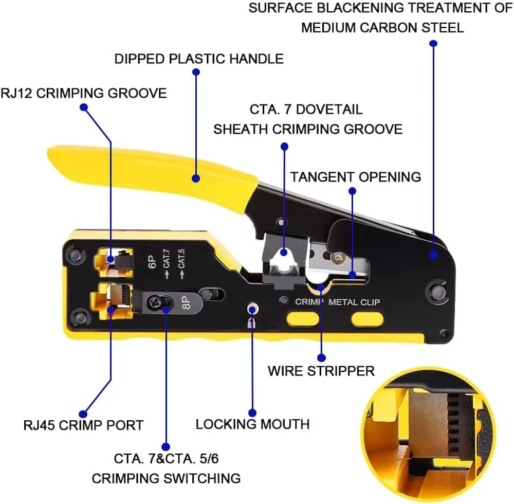 Alicate de Crimpagem EWENT para RJ45 Pass-through CAT.5e/6/6A/7 e RJ11/12 Preto e Amarelo - Imagem 5