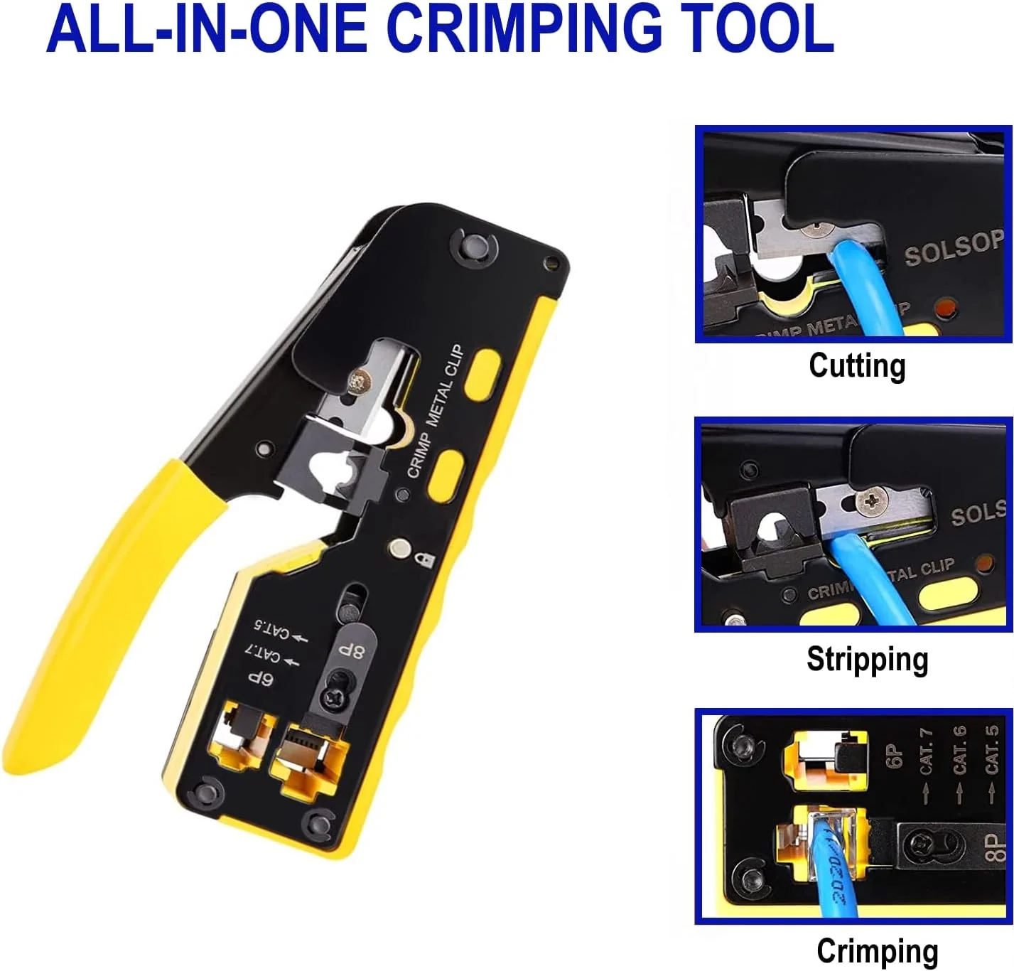 Alicate de Crimpagem EWENT para RJ45 Pass-through CAT.5e/6/6A/7 e RJ11/12 Preto e Amarelo - Imagem 3