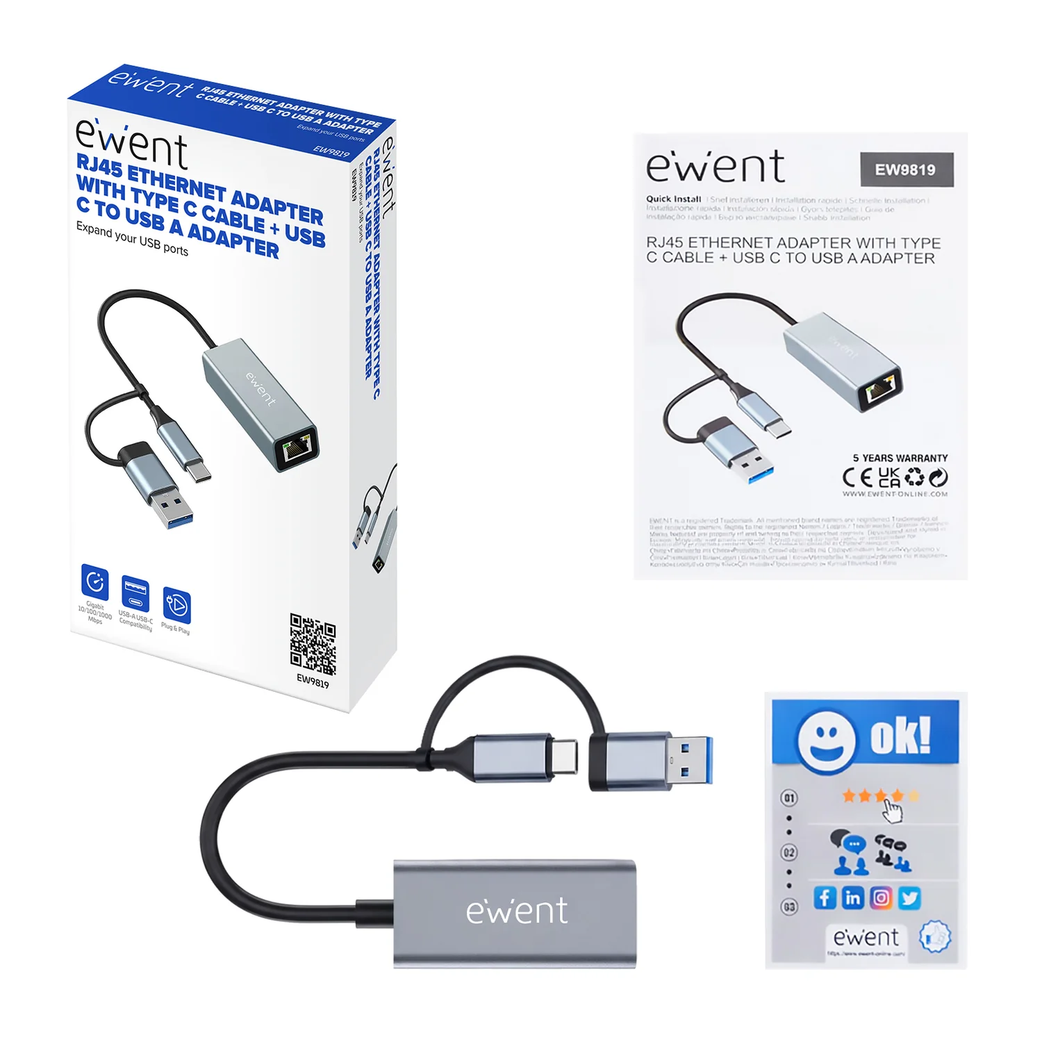Adaptador de Rede Gigabit USB-C e USB-A Ewent EW9819 Alumínio Cinzento - Imagem 3