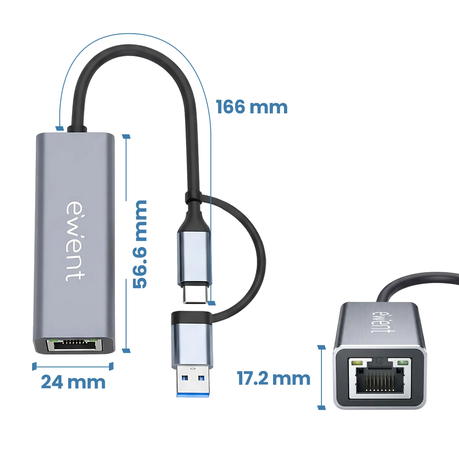 Adaptador de Rede Gigabit USB-C e USB-A Ewent EW9819 Alumínio Cinzento - Imagem 2