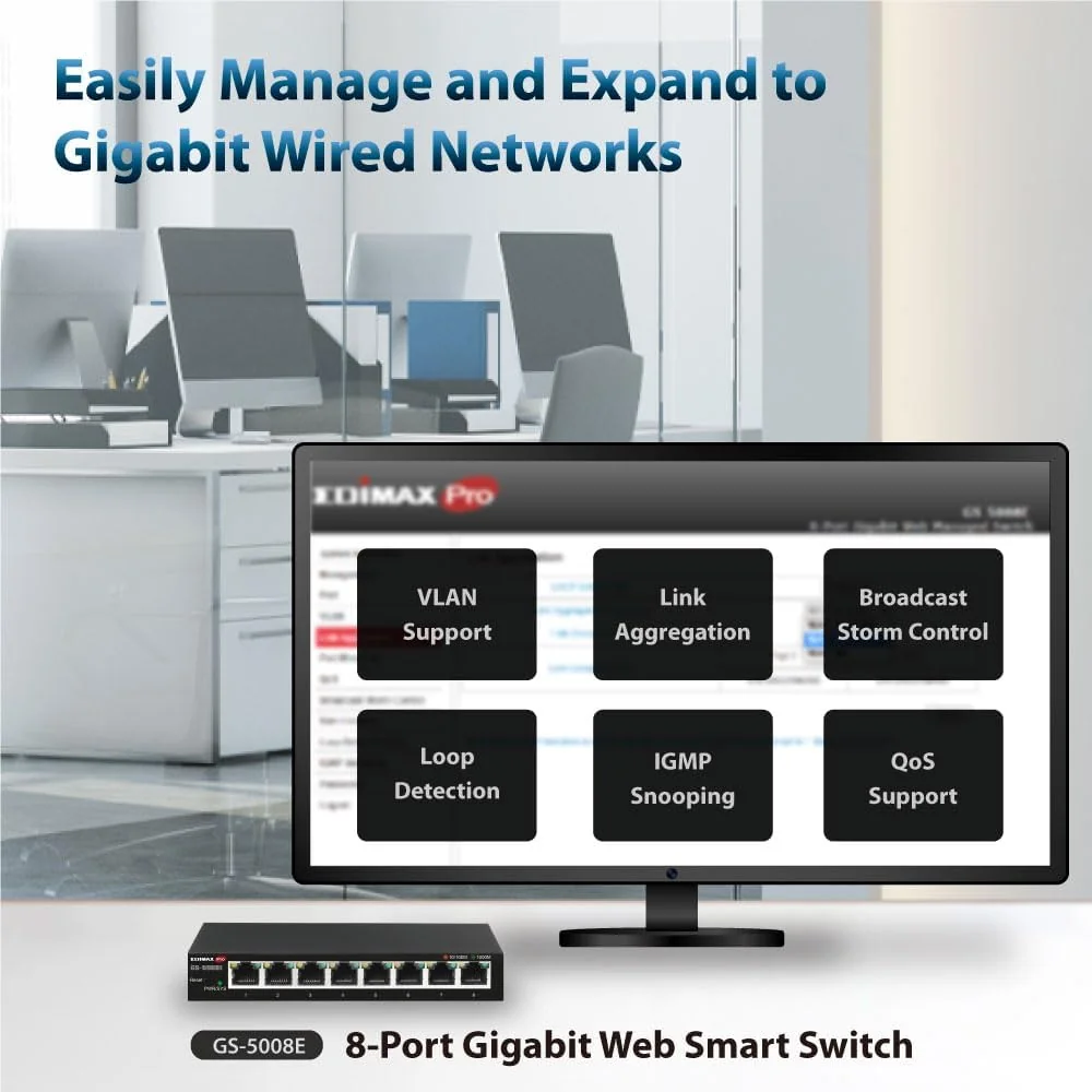Switch de rede Gigabit Ethernet 8 portas Web Smart Edimax GS-5008E - Imagem 7
